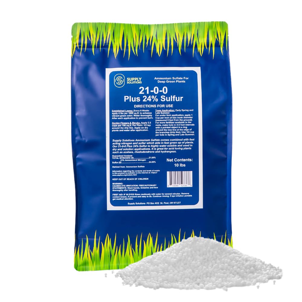 Supply Solutions  21 0 0 24S Ammonium Sulfate for Deep Green Plants. Soil Acidifier for Blueberry Blooms Azalea and Magnolia Tree Fertilizer. Sulfur for Plants Nitrogen Fertilizer (10 Pounds)
