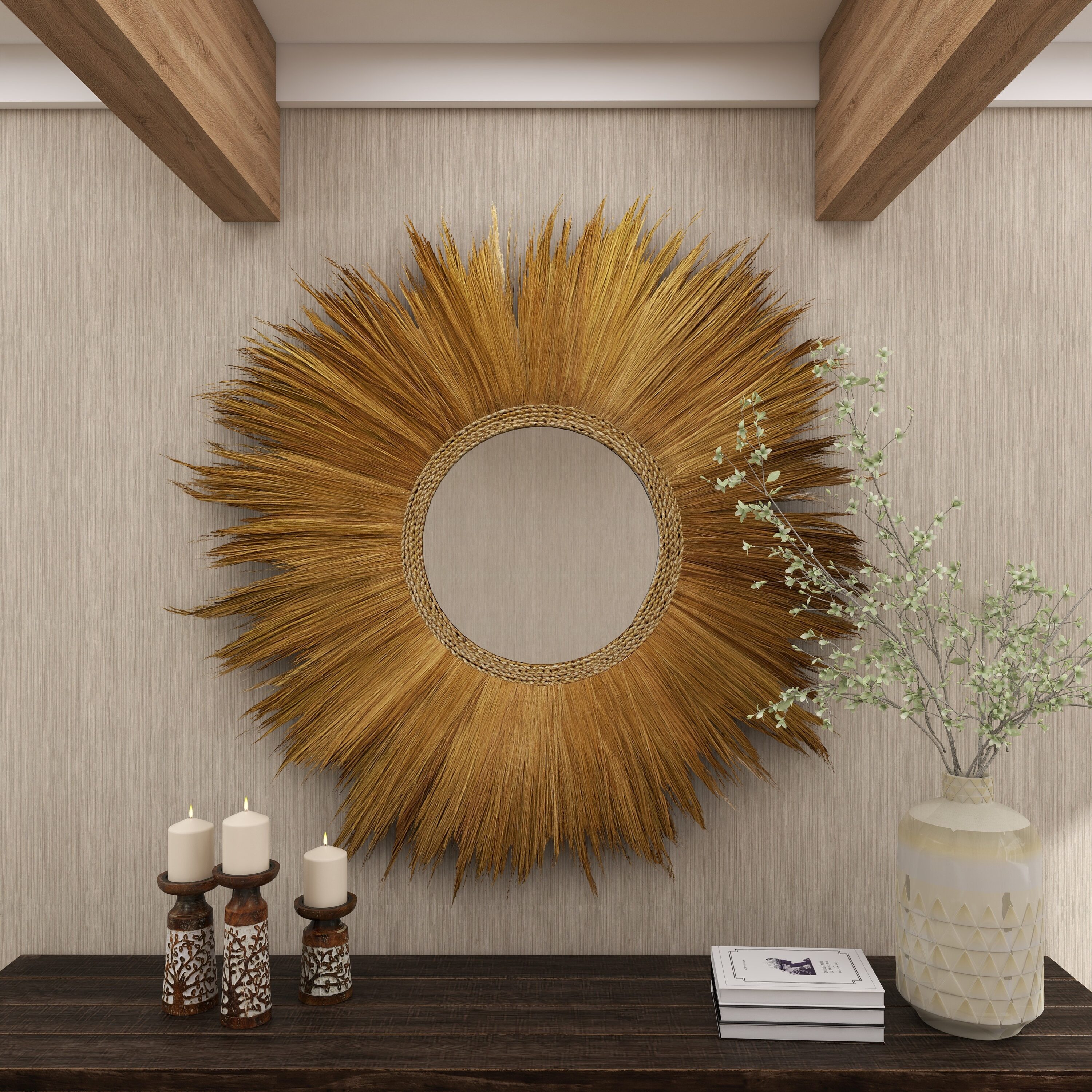 Golden Sunburst Round Decorative Wall Mirror with Grass Trim