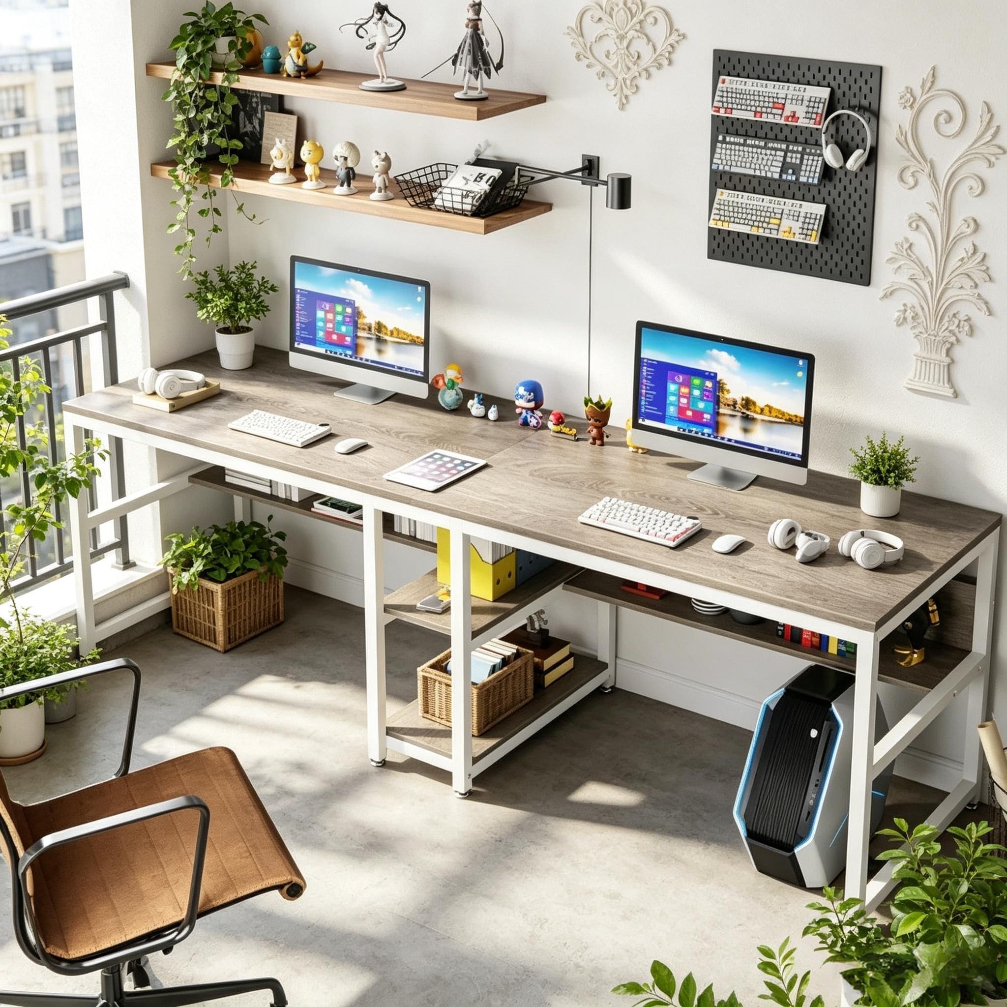 JUSHUA Gray and White Double Workstation Two Person L Shaped Computer ...