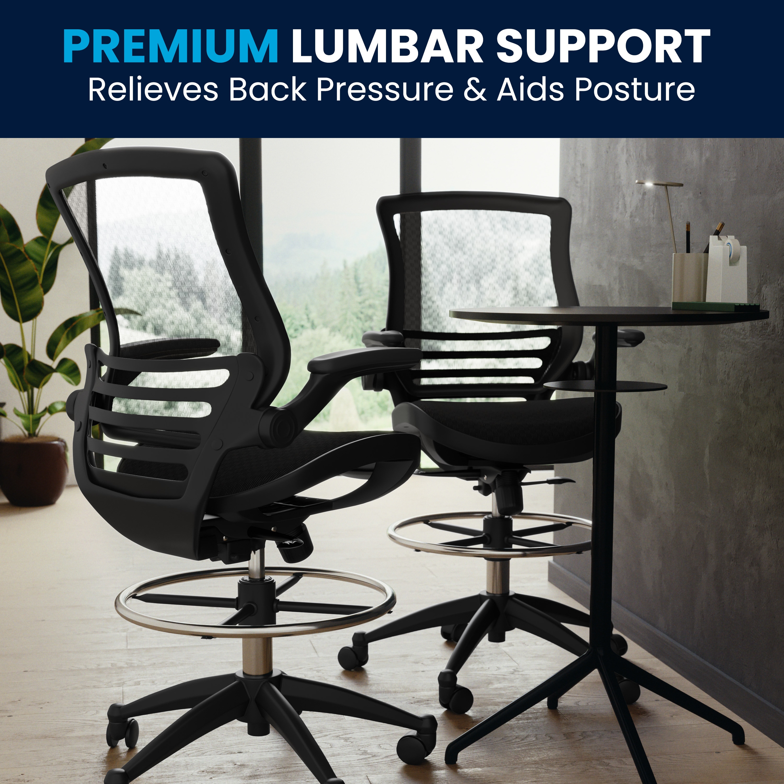 ErgoDraft Plus Black Mesh Drafting Chair with Adjustable Arms and Foot Ring