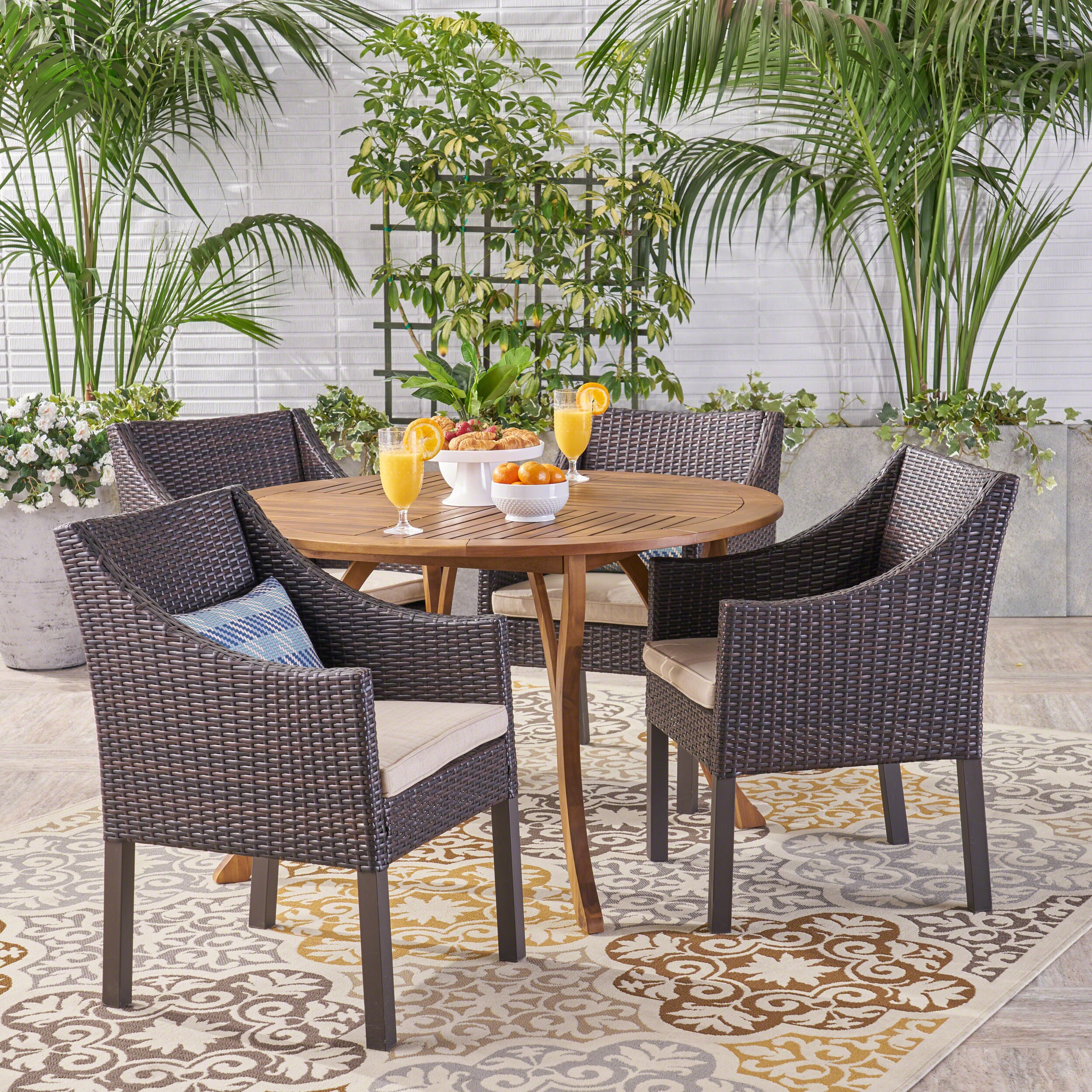 Christopher Knight Home 305016 Kingston Outdoor 5 Piece Acacia Wood and Wicker Dining Set Teak with Multi Brown Chairs