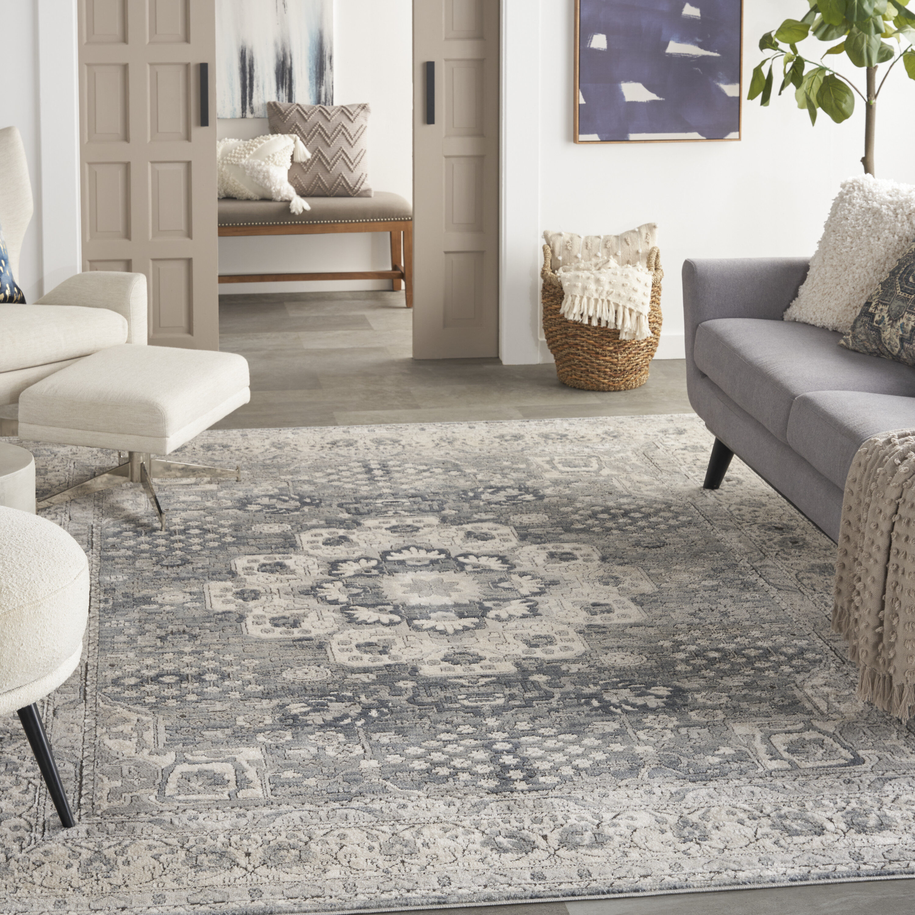 Nourison 099446749703 Concerto 7 x 10 (ft) Loomed Polypropylene Grey/Ivory Rectangular Indoor Floral/Botanical Area rug