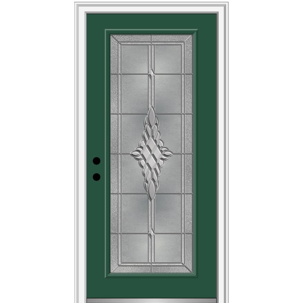 MMI DOOR ZZ3667166R 32-in x 80-in x 4-9/16-in Fiberglass Full lite Right-hand inswing Hunter Green Painted Prehung Front Door with Brickmould Insulating core