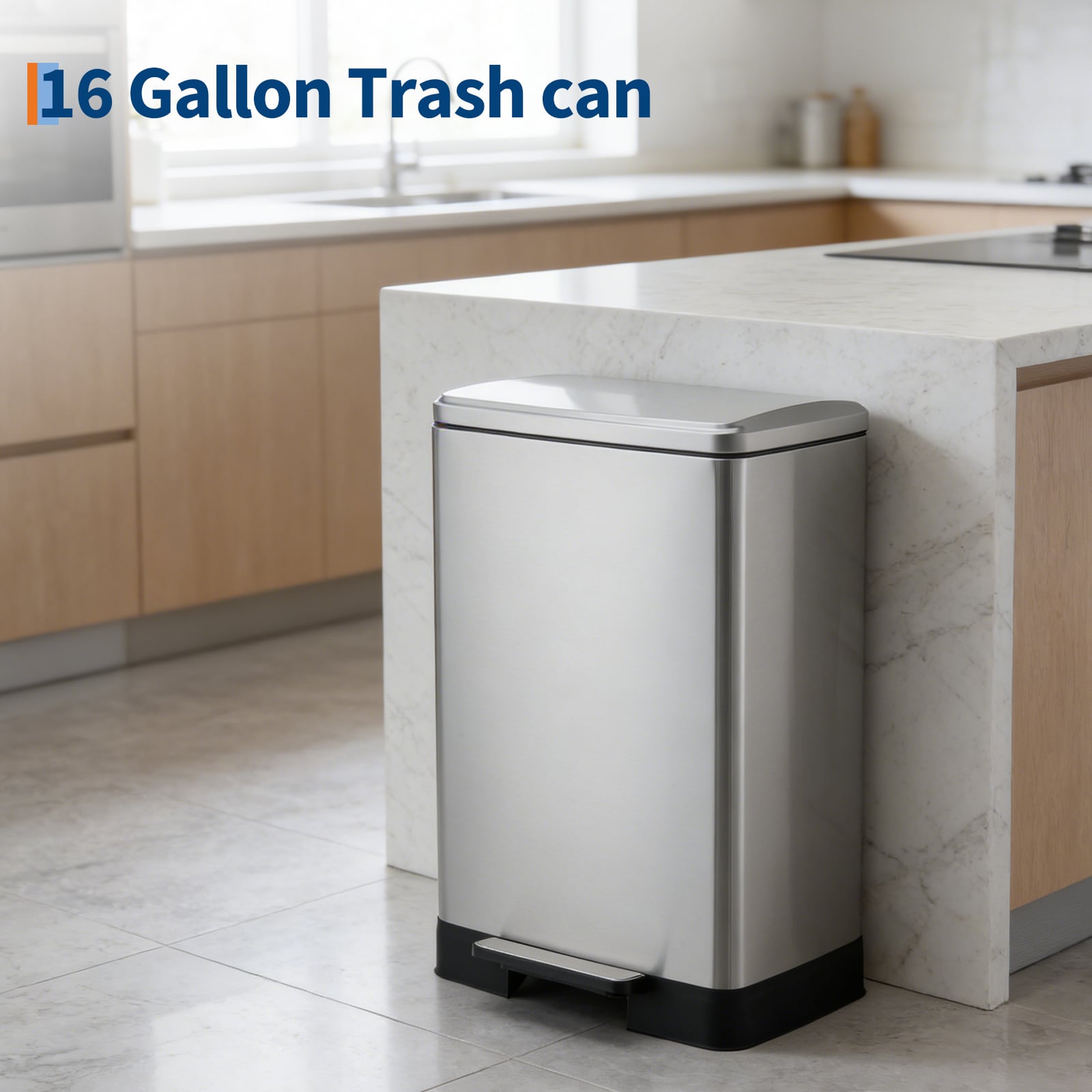 IdealHouse 16 Gal  60L Step On Stainless Steel Kitchen Trash Can Large Rustproof Garbage Bin with Soft Close Lid Removable Inner Bucket for Home Kitchen or Office