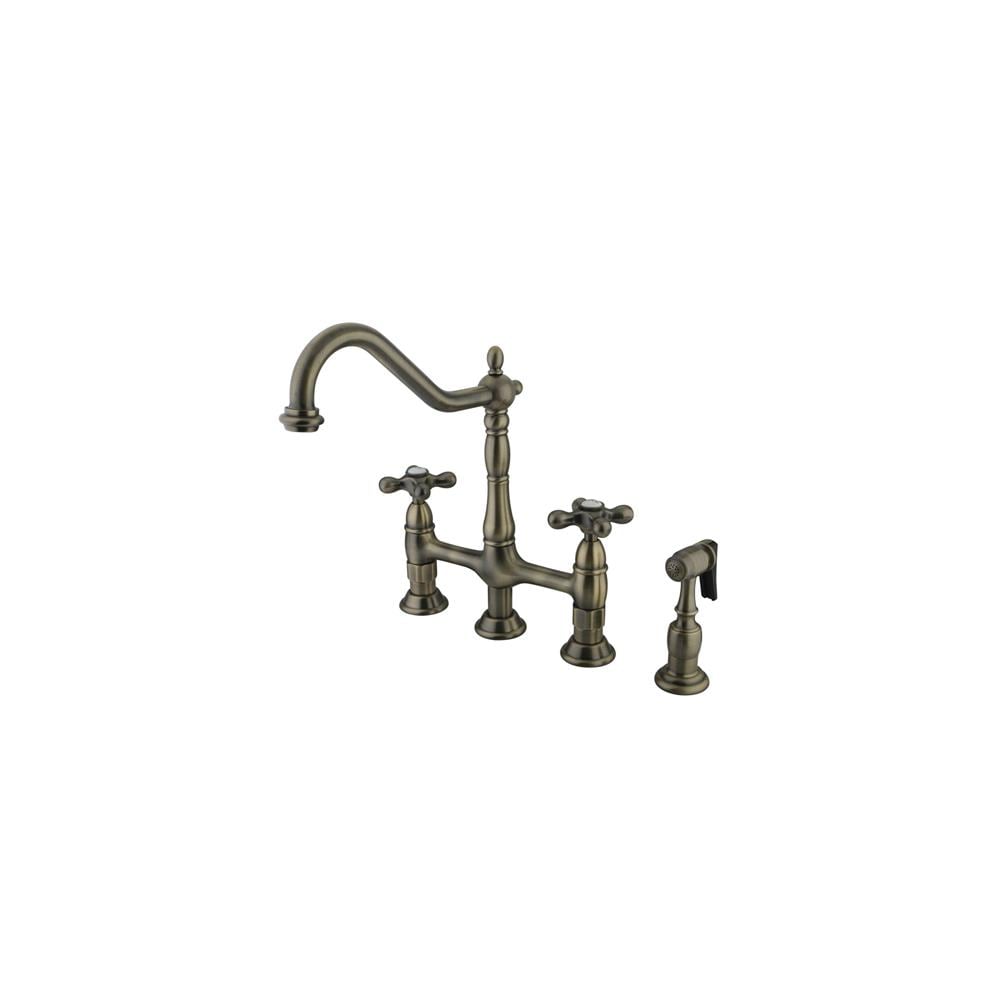 Heritage KS1273AXBS Two-Handle 4-Hole Deck Mount Bridge Kitchen Faucet with  Brass Sprayer, Antique Brass