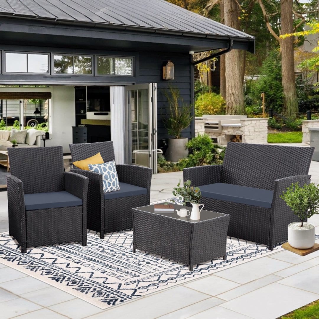 EarlGrove DJ-MZ4001 4 -Piece Wicker Patio Conversation Set with Blue Cushions