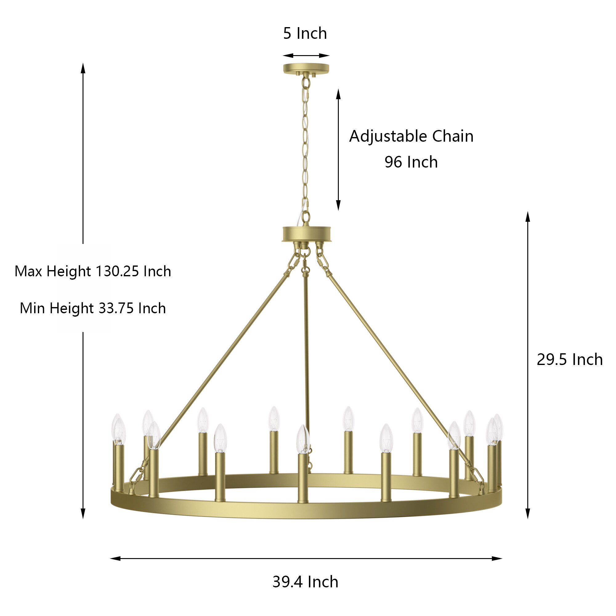 Satin Brass 40'' Large Wagon Wheel Chandelier with 15 Candle Lights