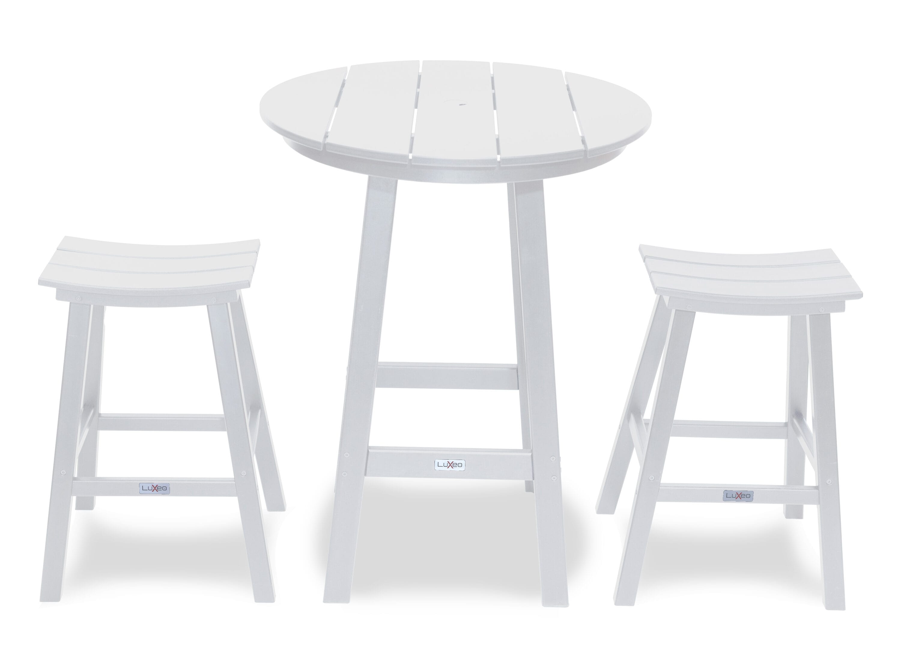 LuXeo 1660-WHT2-RDT Bailey-Cabo Round Counter, 3-Piece 3 -Piece White Patio Dining Set Plastic Round Table with 2 Stationary Chairs