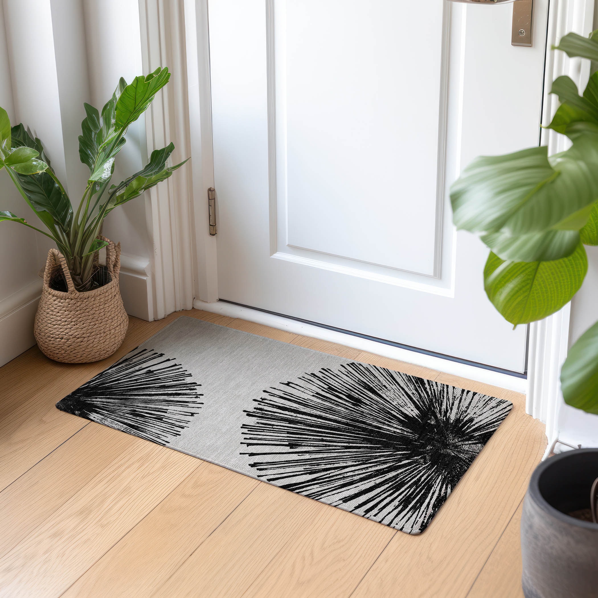 Black and Gray Synthetic Flat Woven Rectangular Rug