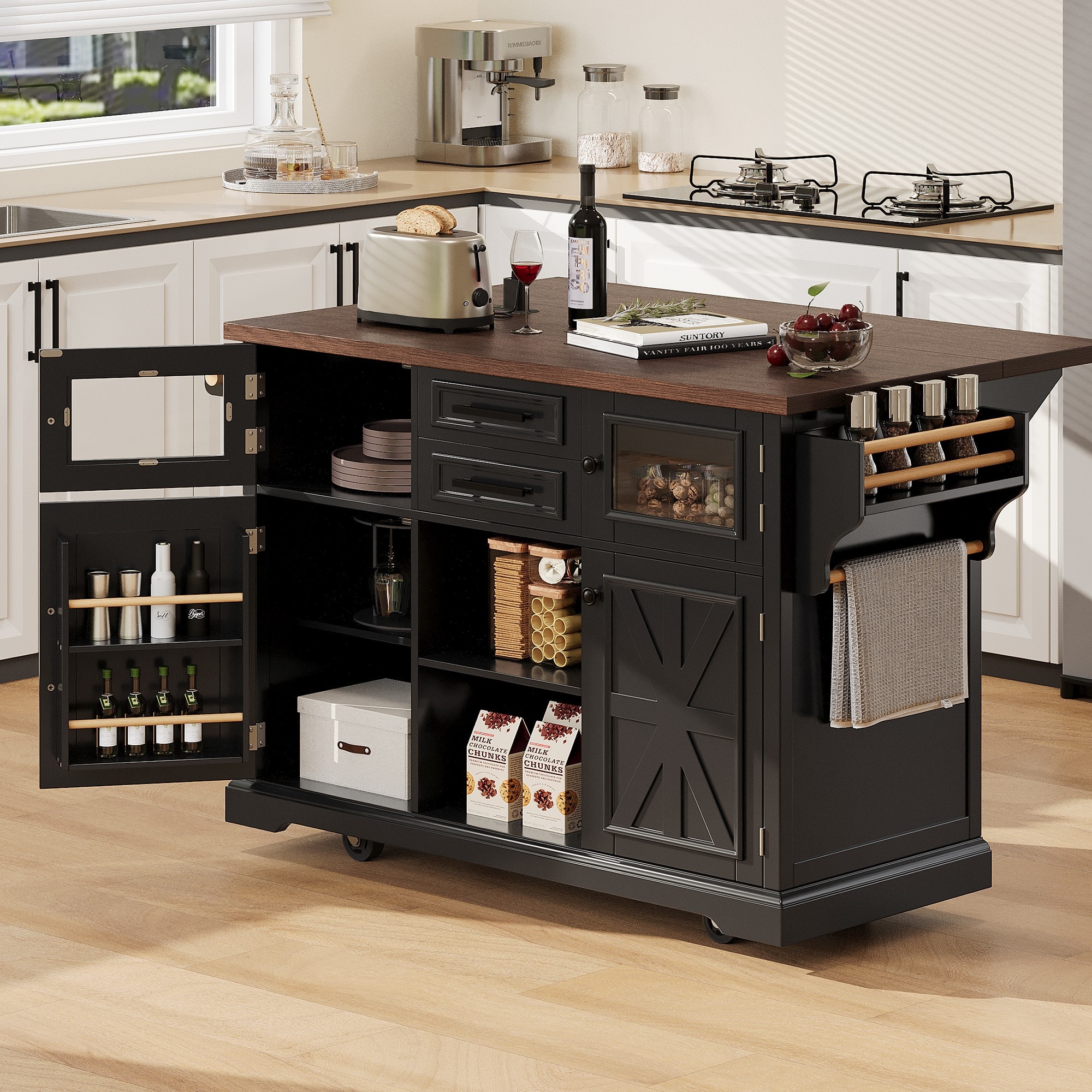 BABOOM BOM-6670AAN-OR Black MDF Base with Wood Rolling Kitchen Island ( 29.5-in x 54.9-in x 36-in )