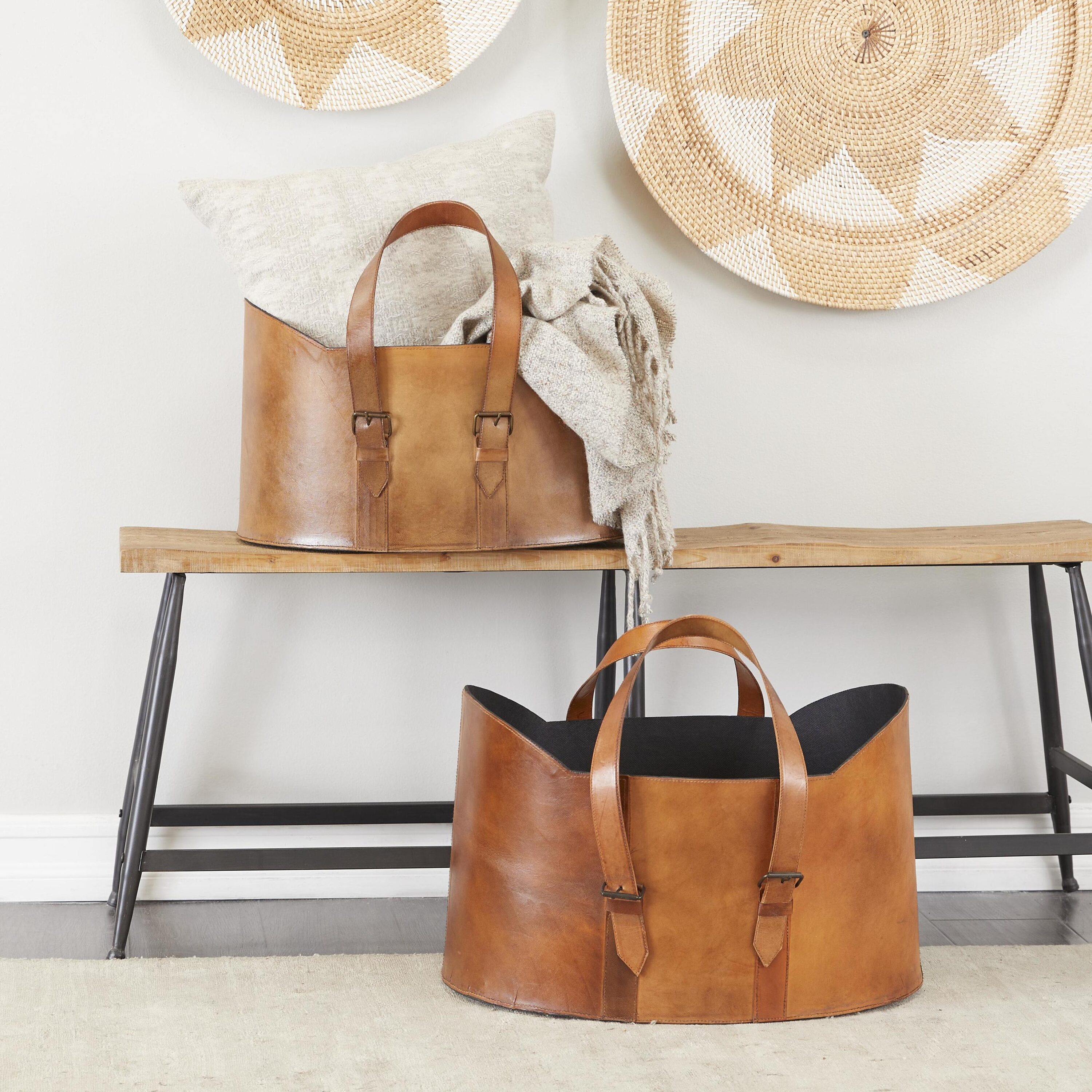 Grayson Lane 50884 2 -Pack ( 14 W x 13 H x 21 D ) Brown Box Style with Detail Stitching and Curved Handles Wood Basket