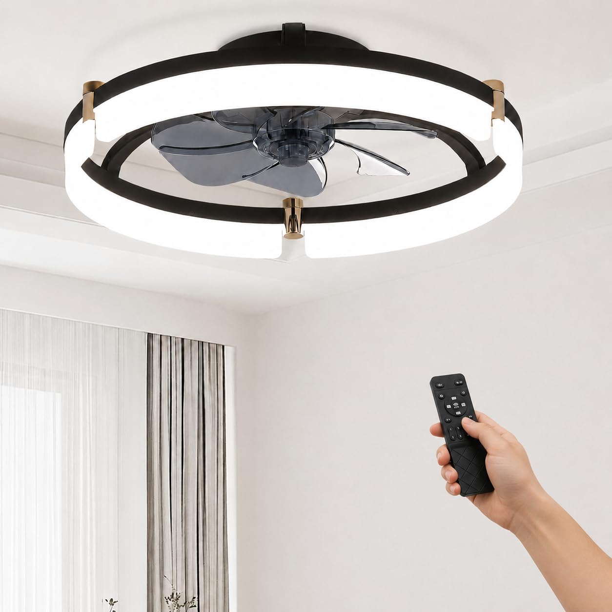 DEXSO 20 Inch Low Profile Flush Mount Ceiling Fan with LED Light Black Acrylic Fandelier