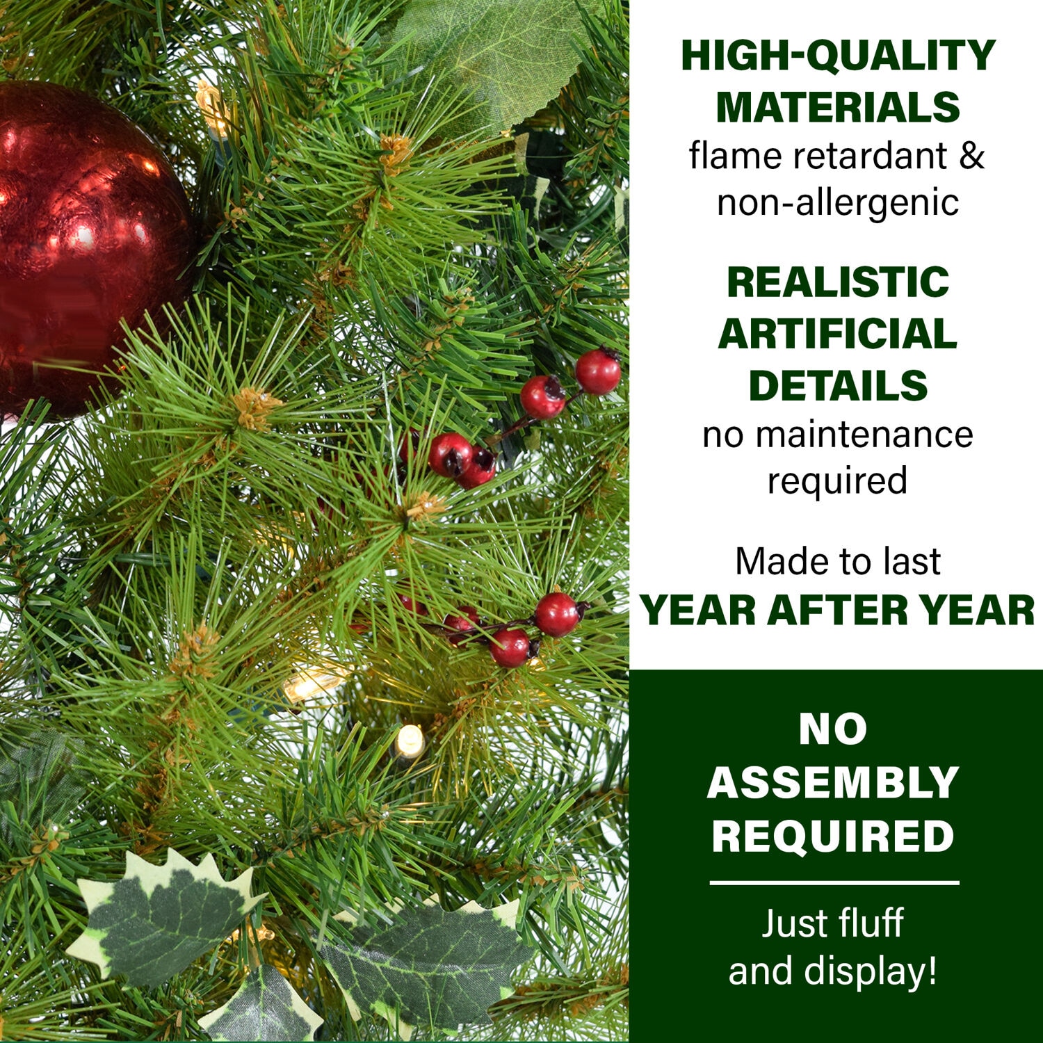 24-Inch Holly Berry Artificial Christmas Wreath Trio with Red Ribbon and LED Lights