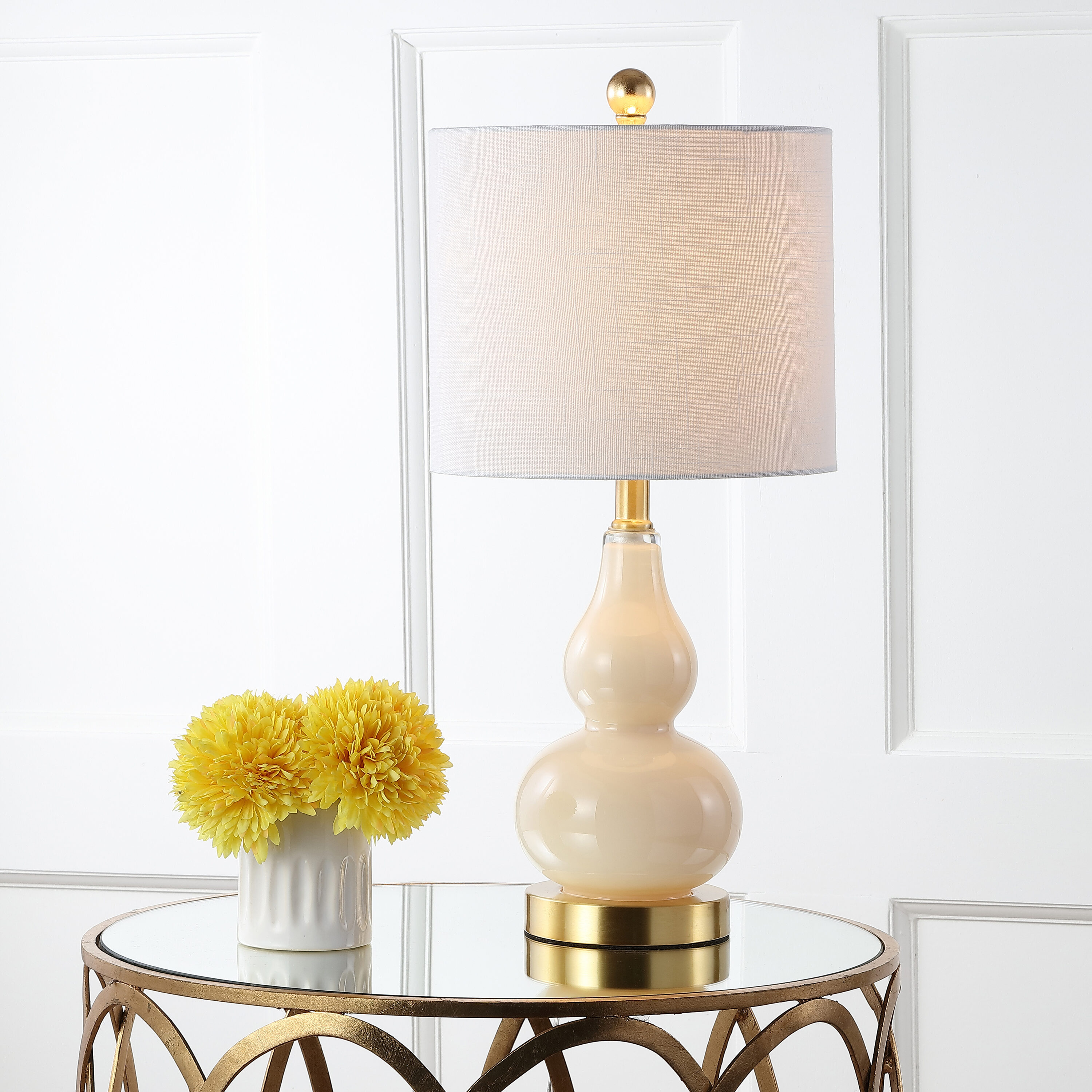 JONATHAN  Y JYL1028B Anya Glass Double-Gourd Transitional Glam 20.5-in Ivory LED On/Off switch Table Lamp with Linen Shade