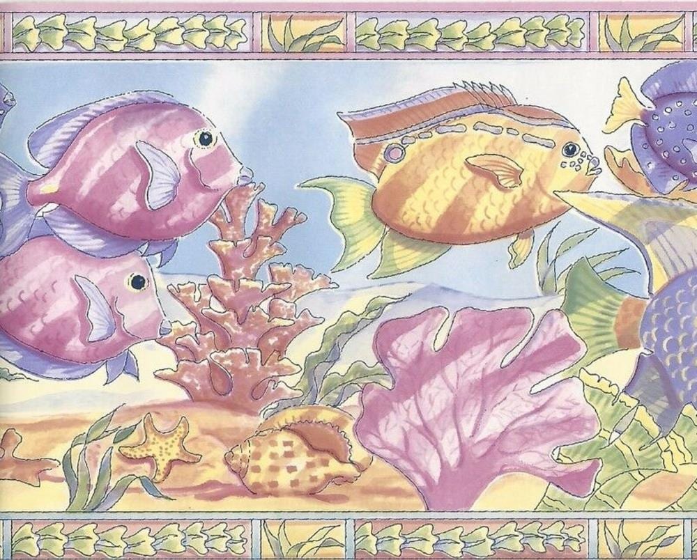 Dundee Deco BD6303 6.8-Inches Nautical Purple, Blue Fish, Coral Prepasted Wallpaper Border