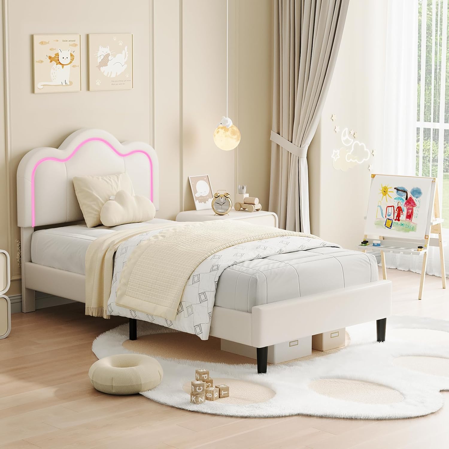 Qeetex LHF-BED-PHO-15JKG7FU Twin Upholstered Smart LED Bed Frame with Adjustable Headboard and Removable Light Strip Velvet Princess Platform Bed Frame Wooden Slats Support No Box Spring Needed Beige