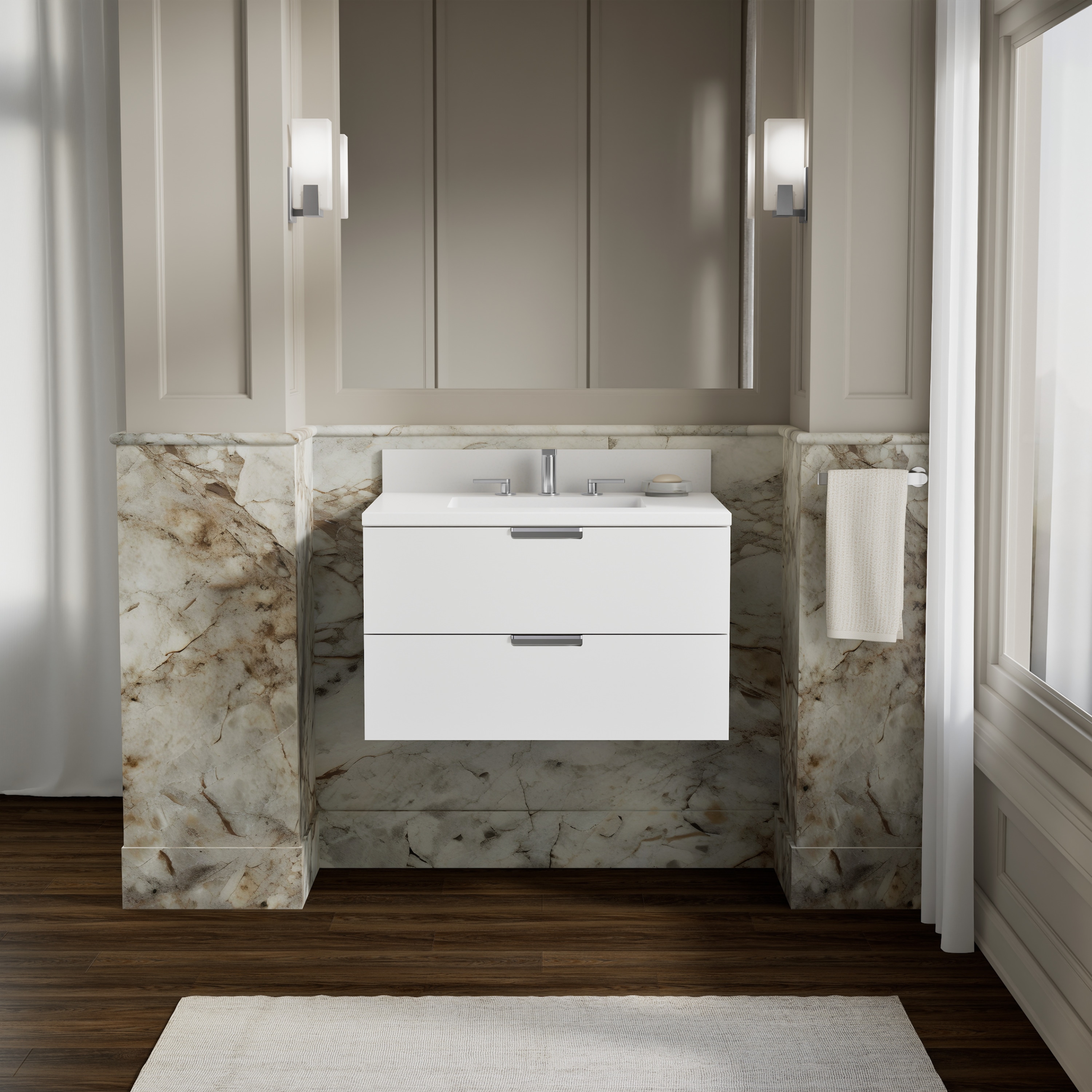 KOHLER 34654-0 Maxstow 30-in White Undermount Single Sink Floating Bathroom Vanity with White Quartz Top