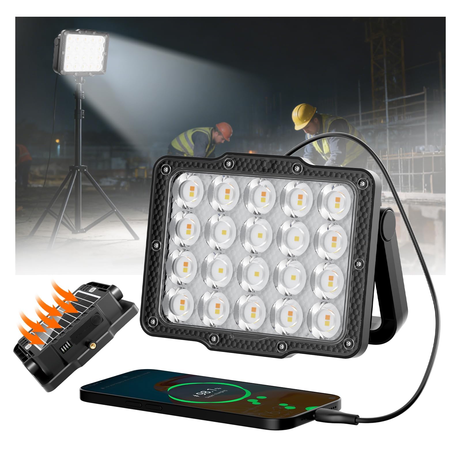 Lukvuzo LED Work Light 1000 Lumen Solar Powered Magnetic Portable Light with 6 Lighting Modes Waterproof for Camping Emergency Power Outages #LLU0705L105