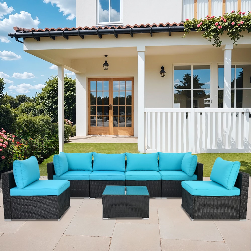 CESICIA R18-4P-GY 7 -Piece Wicker Patio Conversation Set with Blue Cushions