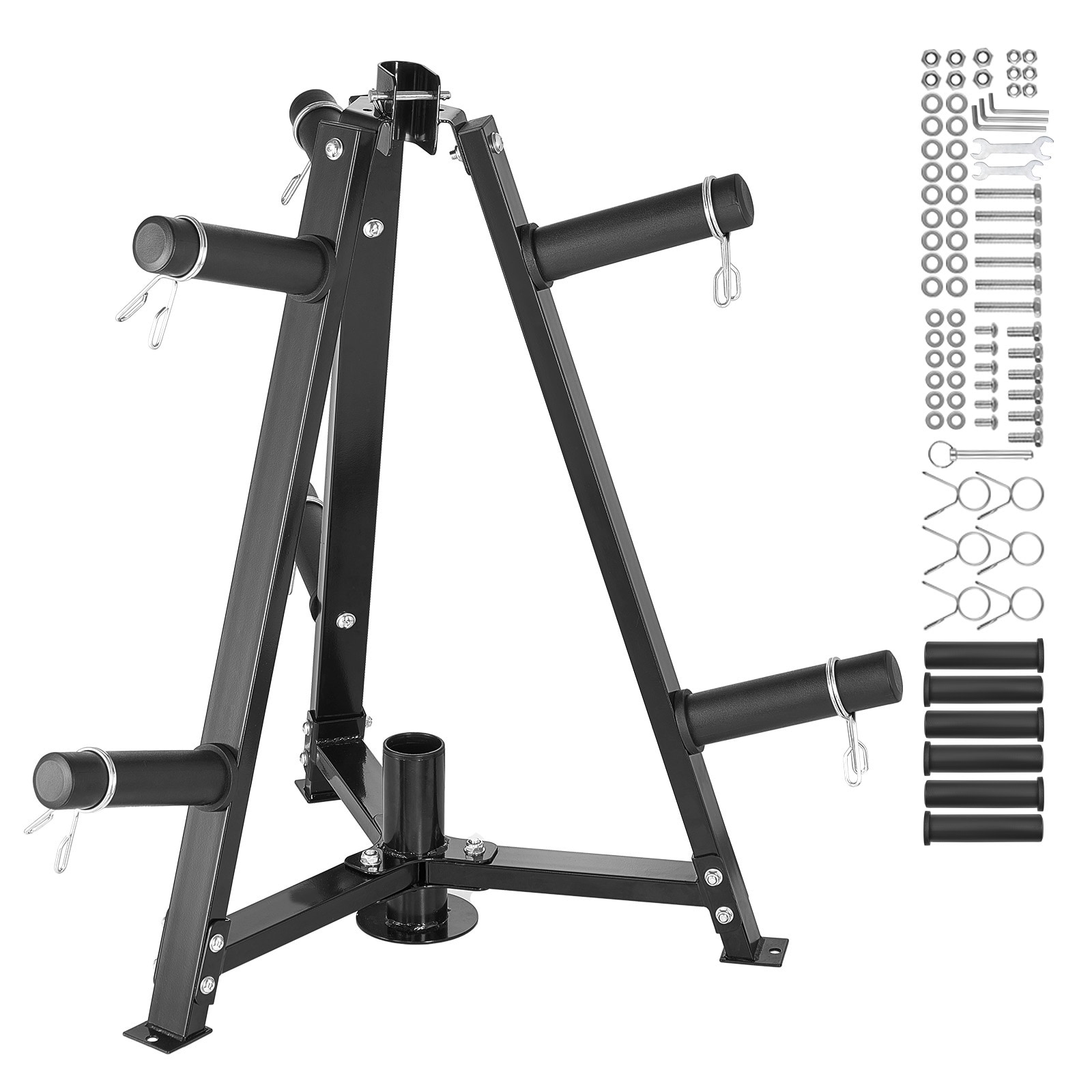 GIVIMO Weight Plate Rack Tree for 2-in Olympic Plates 300-lb Load Capacity Steel Storage Stand with Barbell Holder Black Powder-Coated