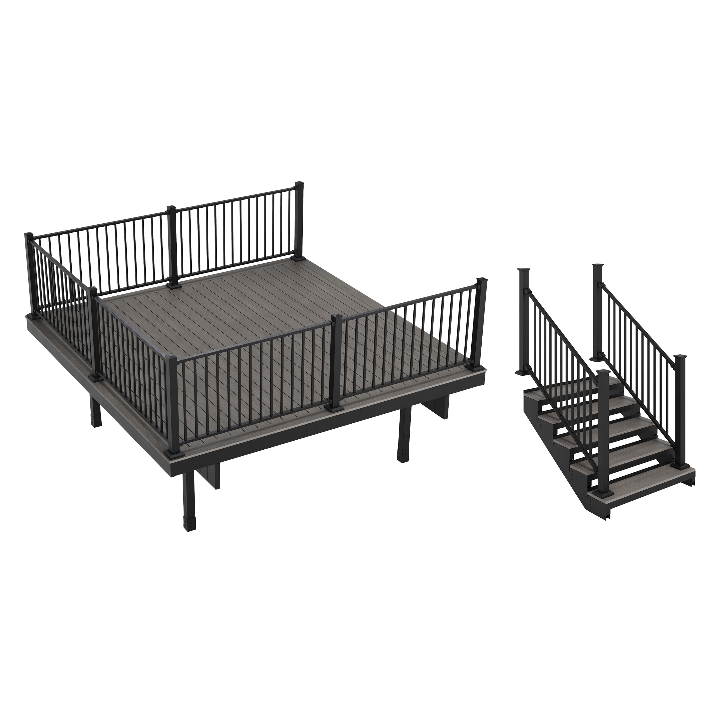 FORTRESS Apex Attached 12 ft x 12 ft Alaskan Driftwood PVC Deck Kit and 3-Step Stair Kit with Steel Framing and Aluminum Railing