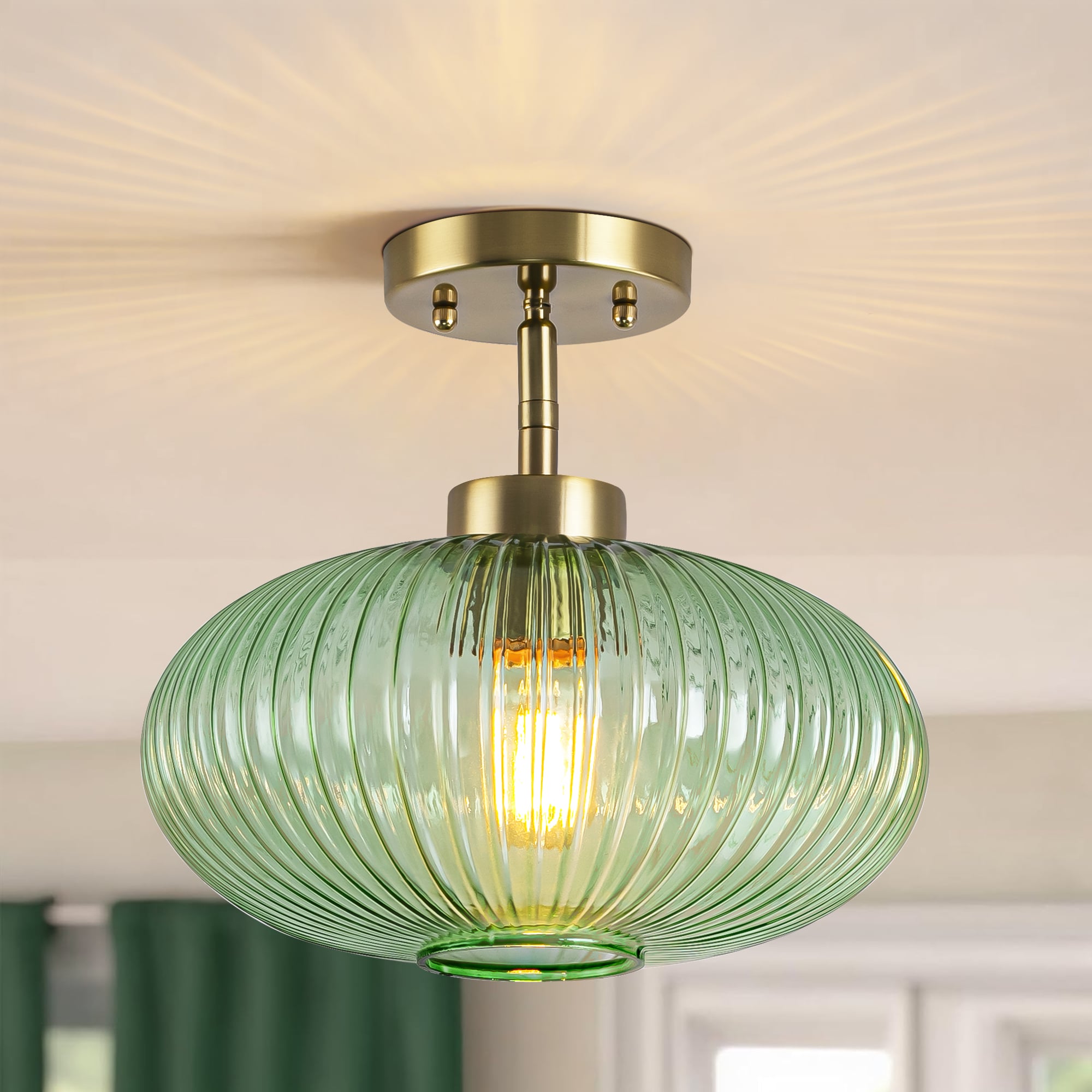 Y'INSP Zilpha 11.8-in Brushed Brass Indoor 1 -Light Semi-flush Mount Light with Ribbed Glass
