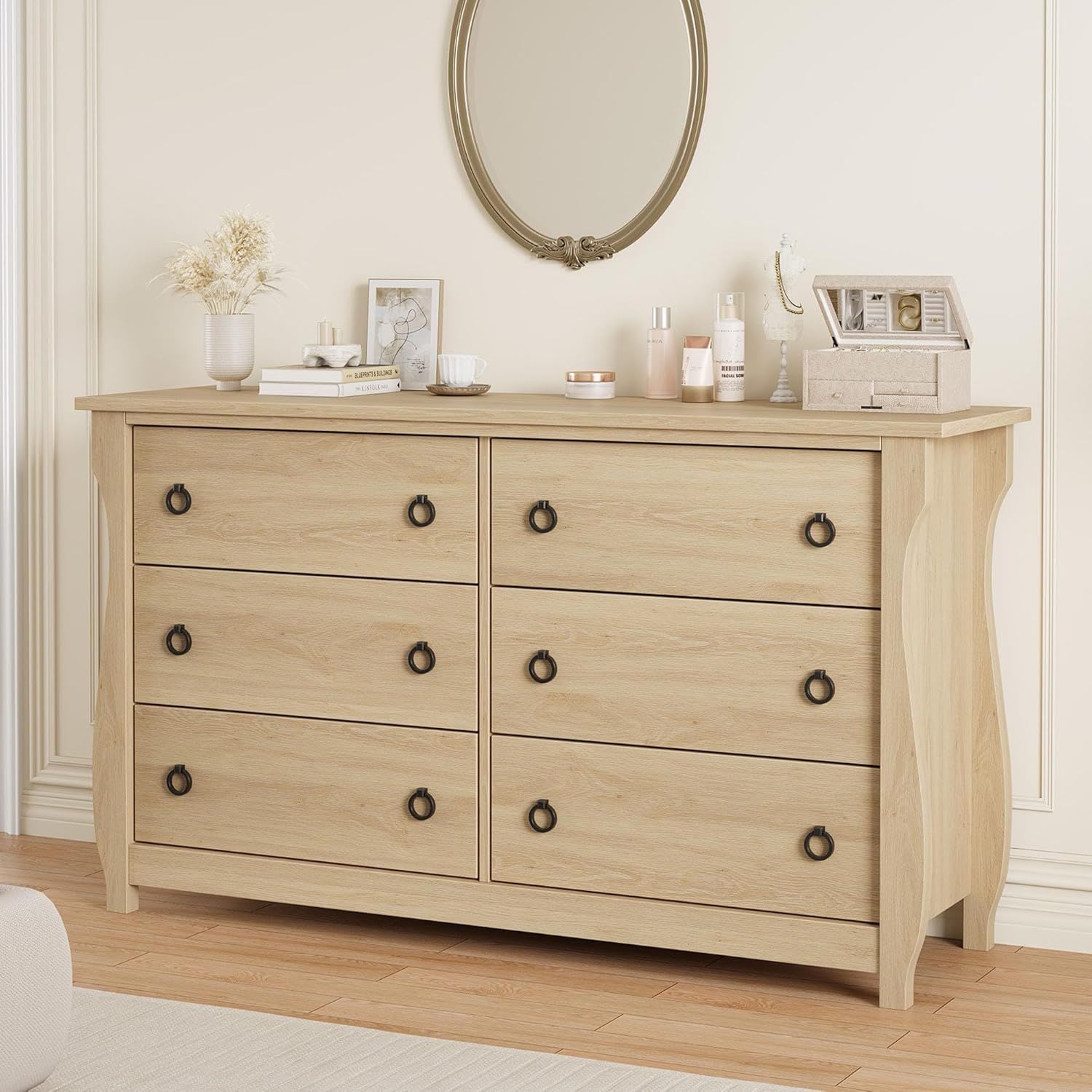 golden oak dresser Garvee Modern 54 Inch Wide Wood With Six Drawers Ring Pull Handles Storage Organizer For Living Room Entryway in Brown 4x2-4 AI