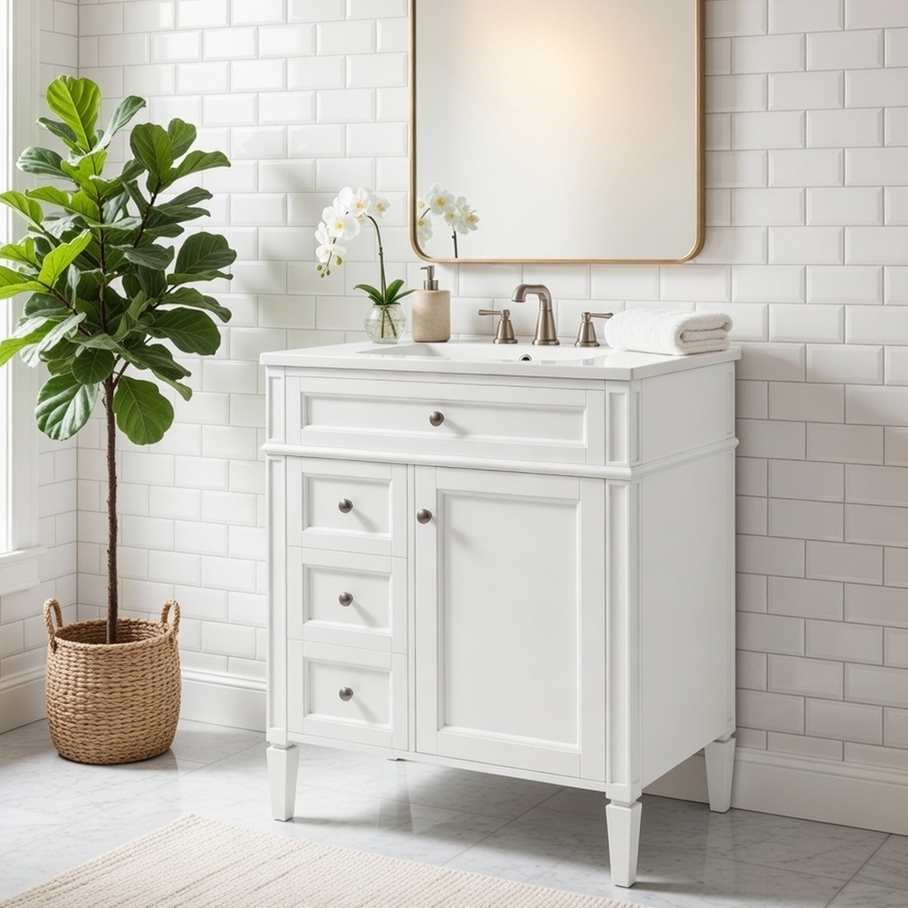 Benzara Asher Bathroom Vanity with Ceramic Sink - Smart Storage - White Wood 30 Inch