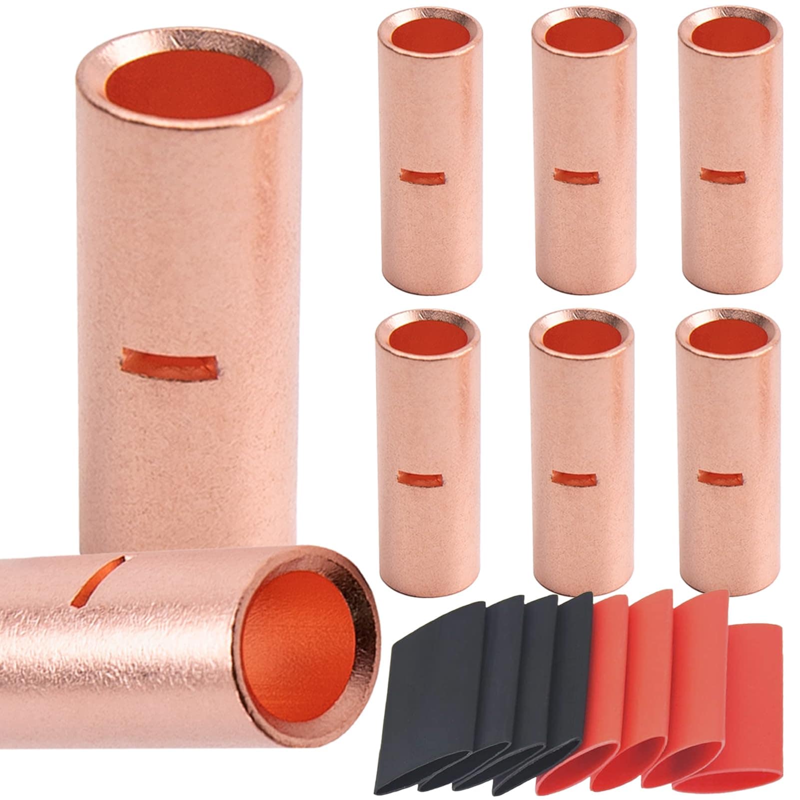 KHKFY 2 Gauge Butt Connectors 8 Pieces Non Insulated Copper Wire Splice Terminals with 8 Pieces Heat Shrink Tubing for Electrical Wiring #LKH0819H284