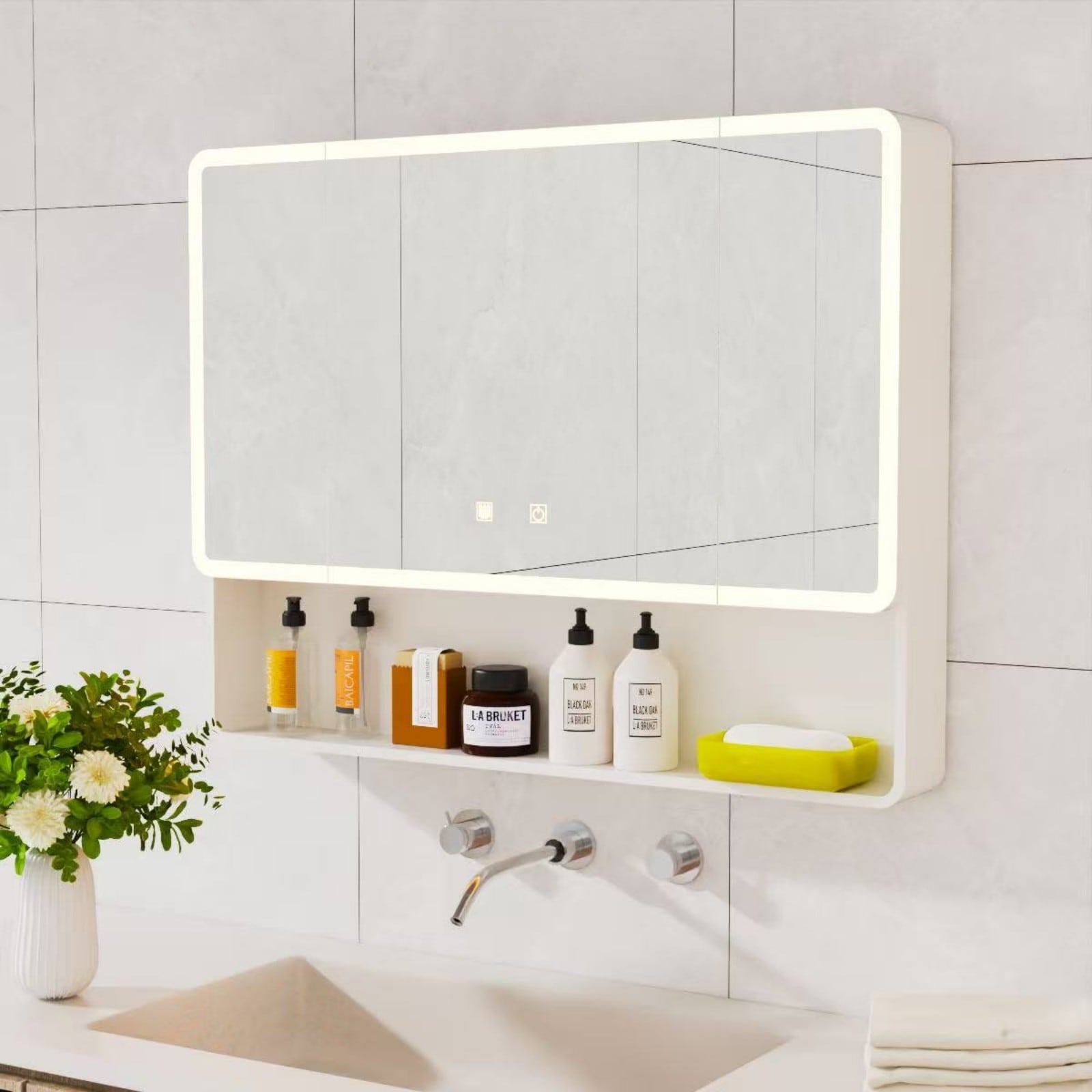 GlasFlength  35.43x27.56 Inch White Three Door LED Bathroom Medicine Cabinet with Warm Light Anti Fog Aluminum Plastic Body Easy to Install for Bathroom Vanity