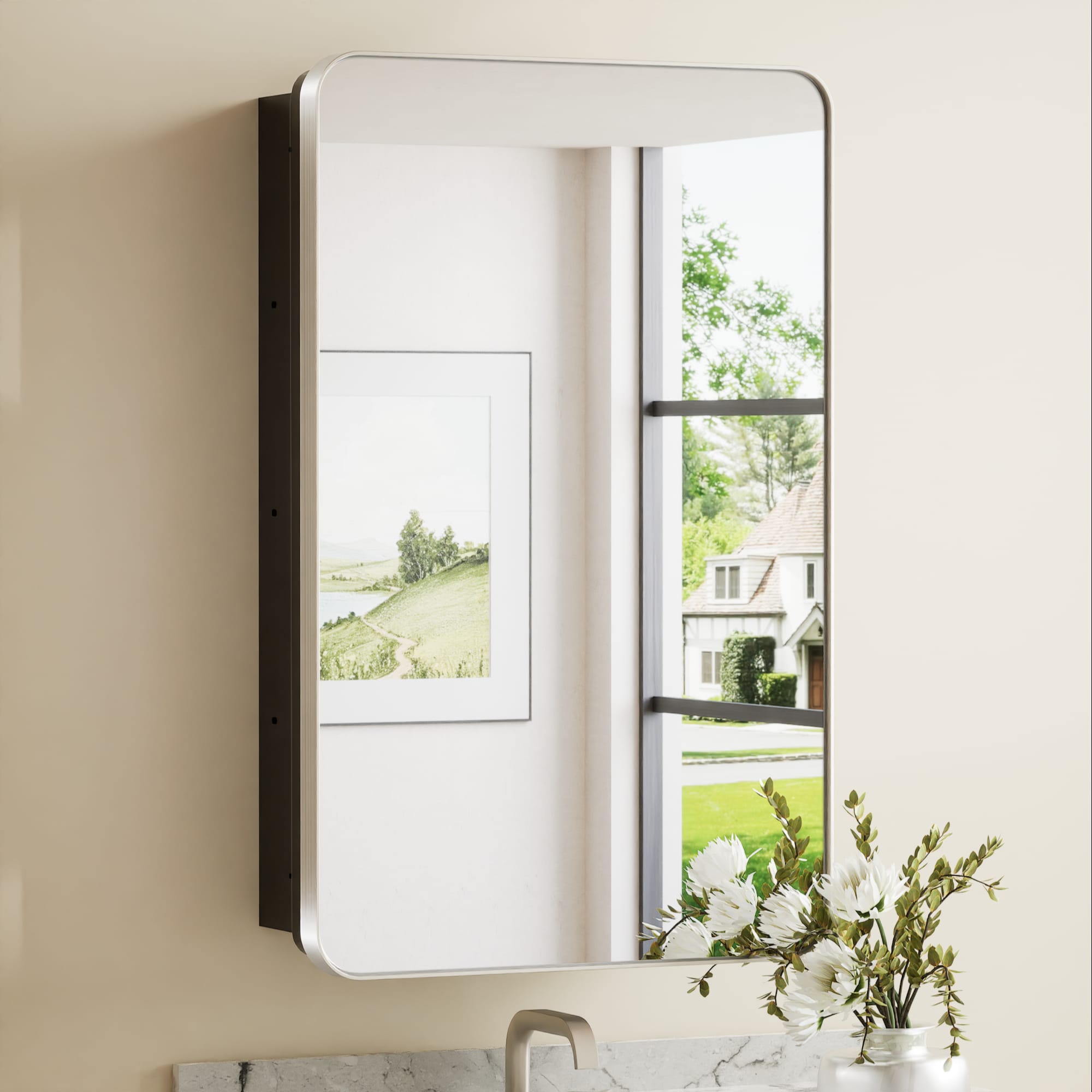 Keonjinn LW-JSKJG-YJ-5181BN 20-in x 32-in Surface/Recessed Mount Brushed Nickel Mirrored Rectangle Soft Close Medicine Cabinet