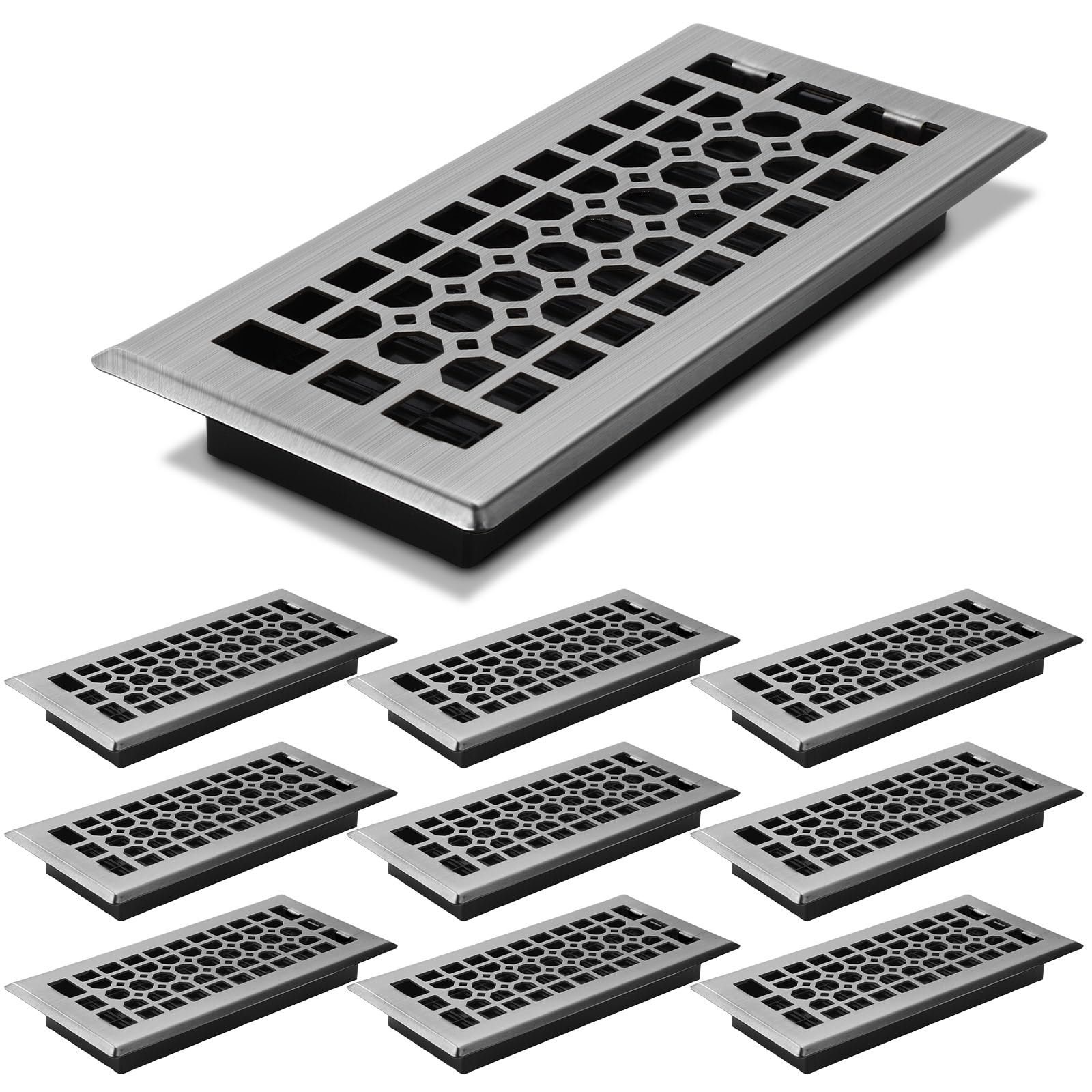 KIWDZFU  10 Pack Floor Registers 4 by 10 Inch Brushed Nickel Steel Vent Covers Heavy Duty Walkable Adjustable Air Flow Direction Metal Register