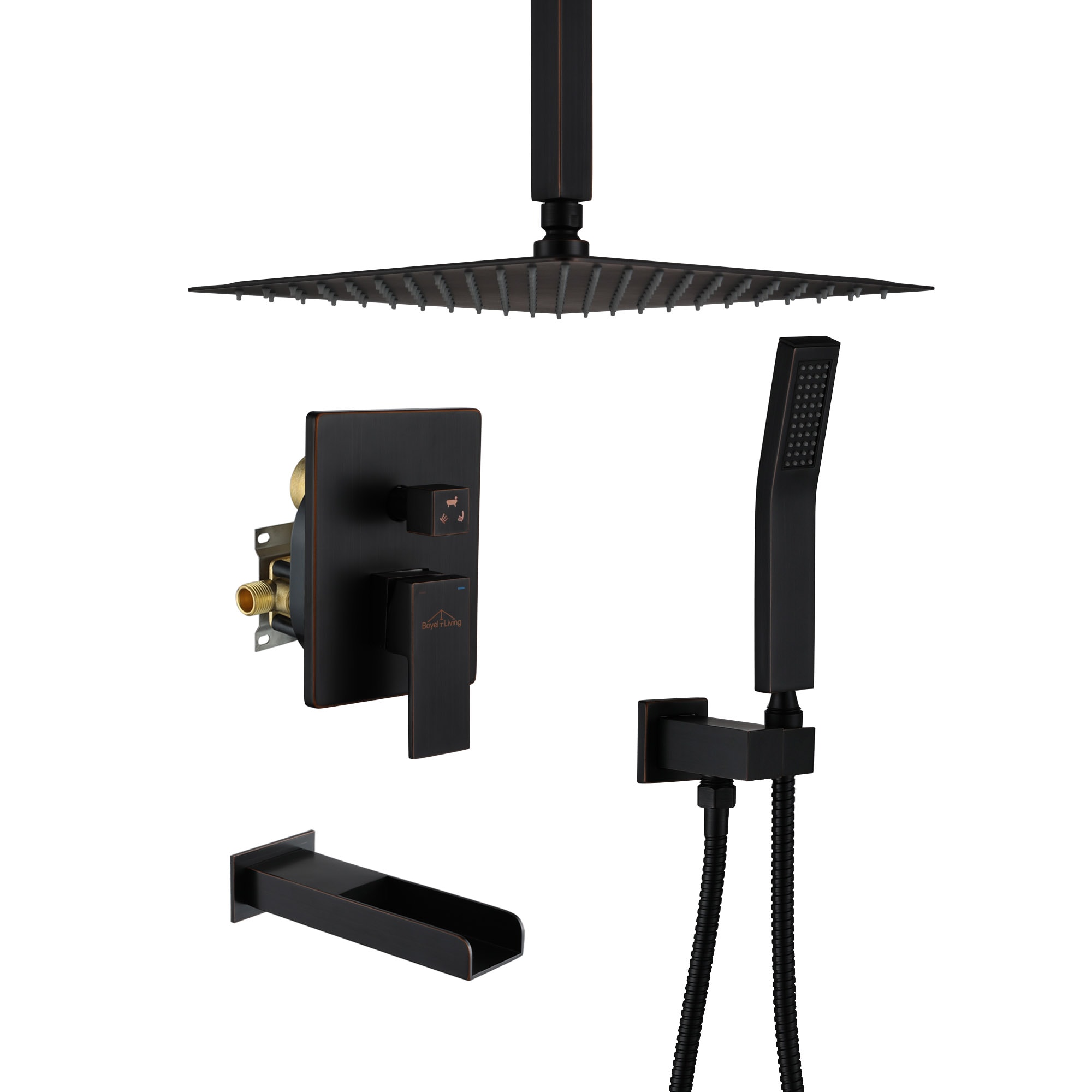 Clihome CHMS-12ORB-A3809 Oil Rubbed Bronze 12-in Waterfall Dual Head Built-In Shower Faucet System with 3-way Diverter ( Pressure-balanced Valve Included )