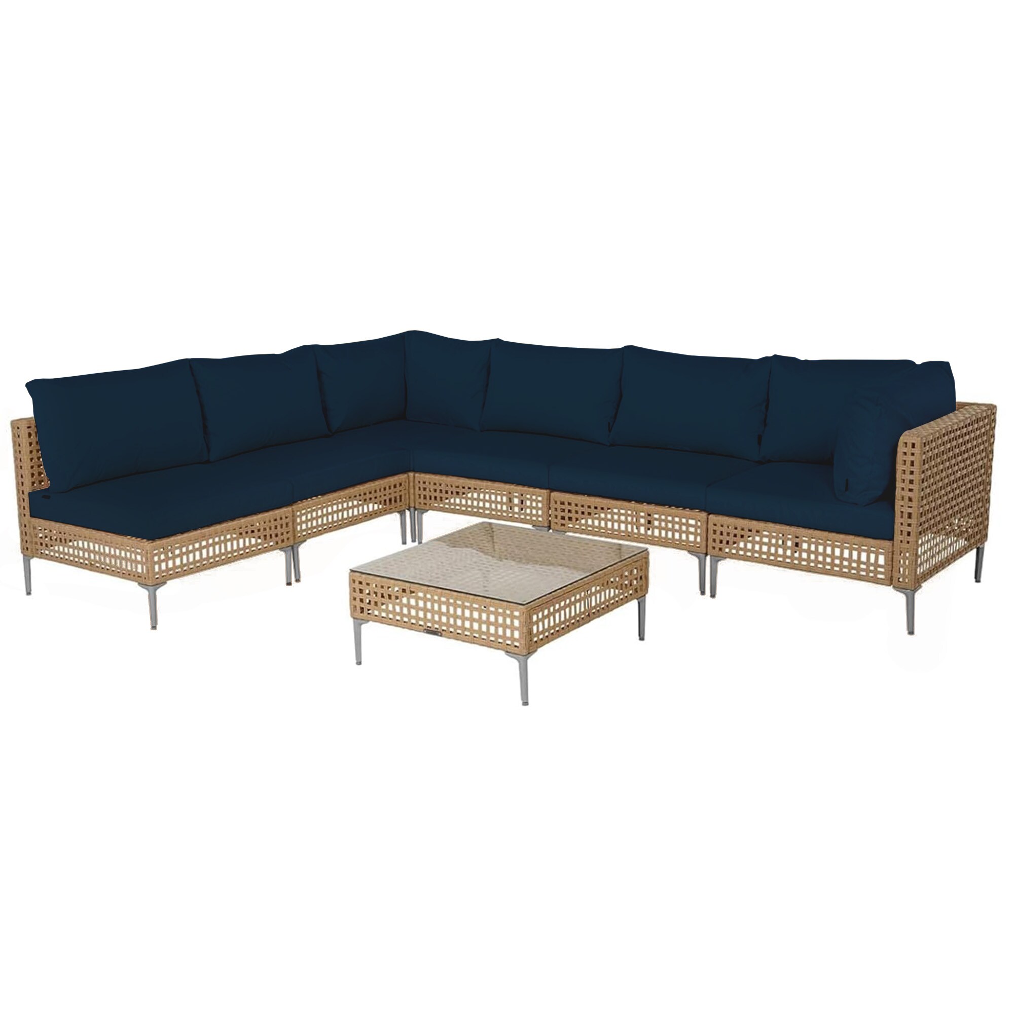 Patio Watcher LHSF-AB-NAVYBLUE 7-Piece Wicker Patio Conversation Set with Blue Cushions