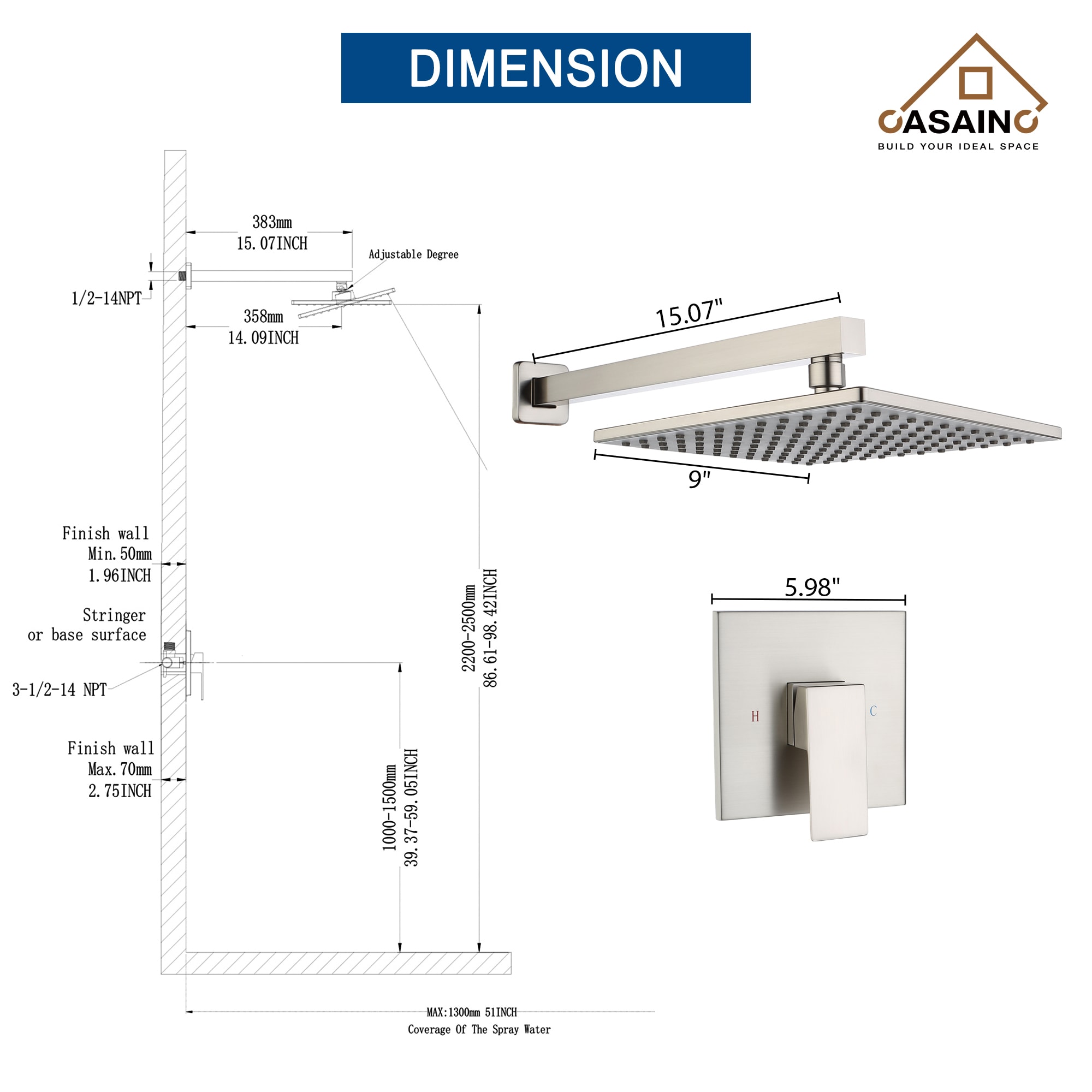 CASAINC CS1911-MB Showerhead-Bar-Panels - View #5