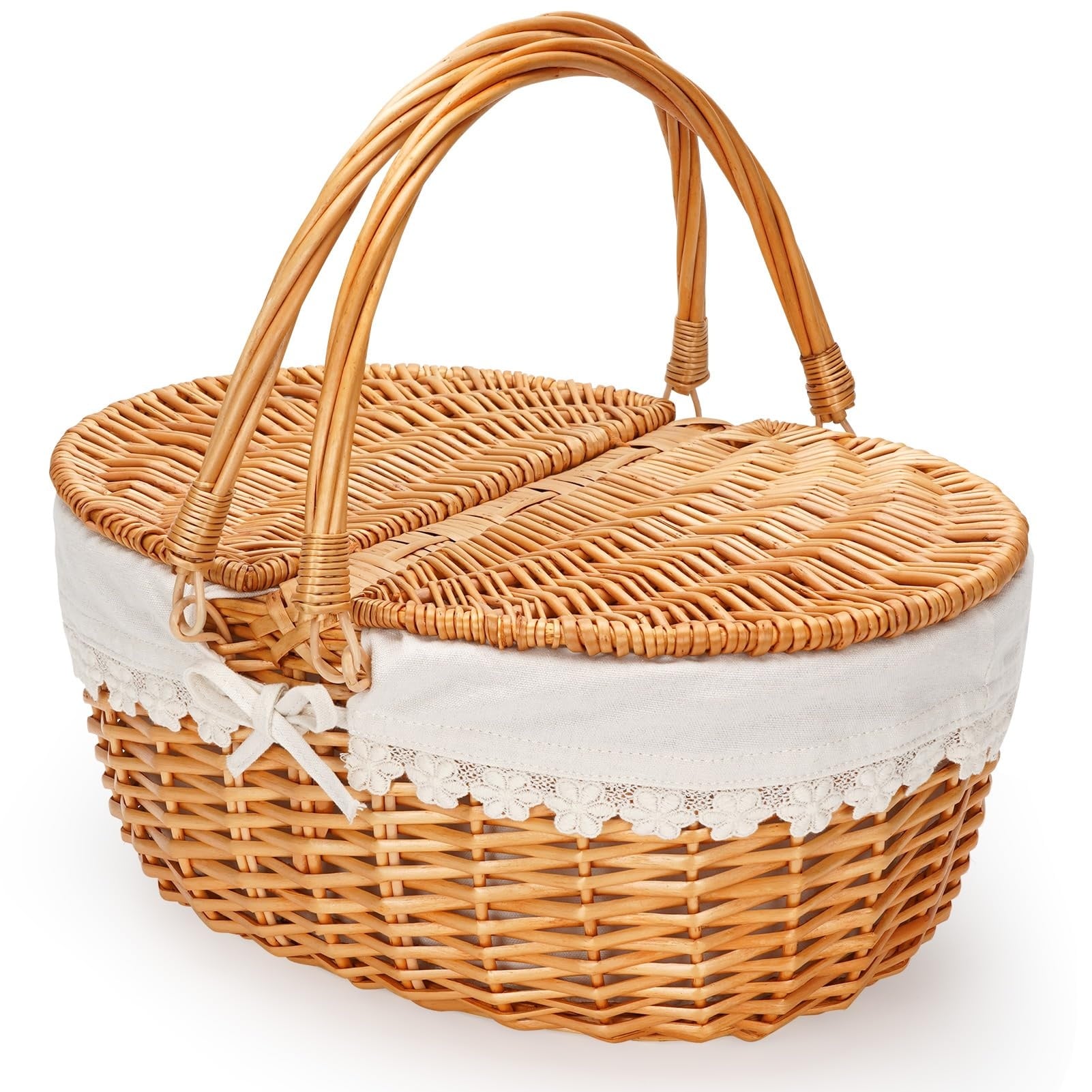 Etokfoks 1 Piece Cream Wicker Picnic Basket Set with Removable Cotton Liner Dual Entry Lid Folding Handles Lightweight #LETJIAOJI
