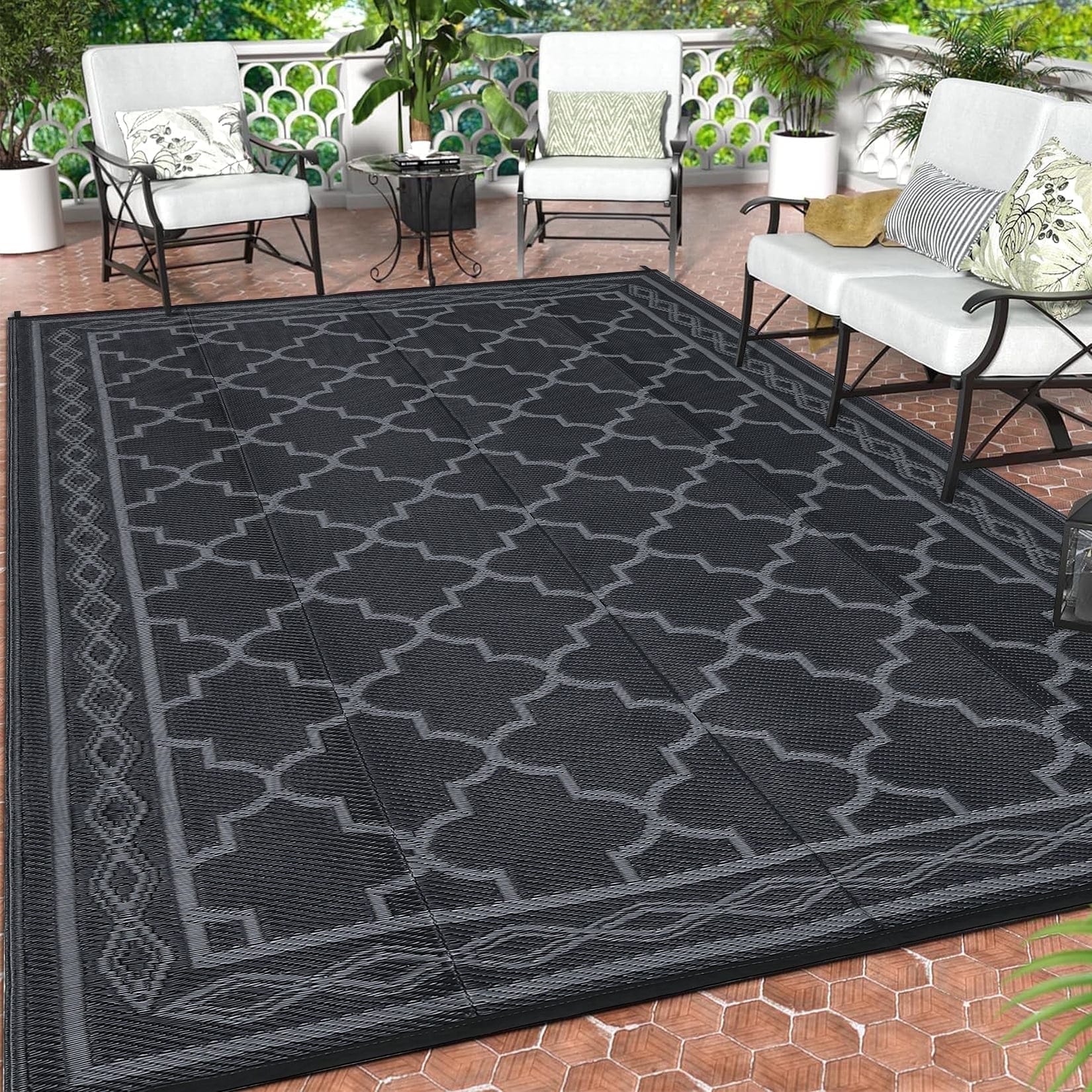 9x12 Waterproof Reversible Plastic Straw Outdoor Rug for Patios Camping RV Deck Backyard Balcony Beach Black and Gray
