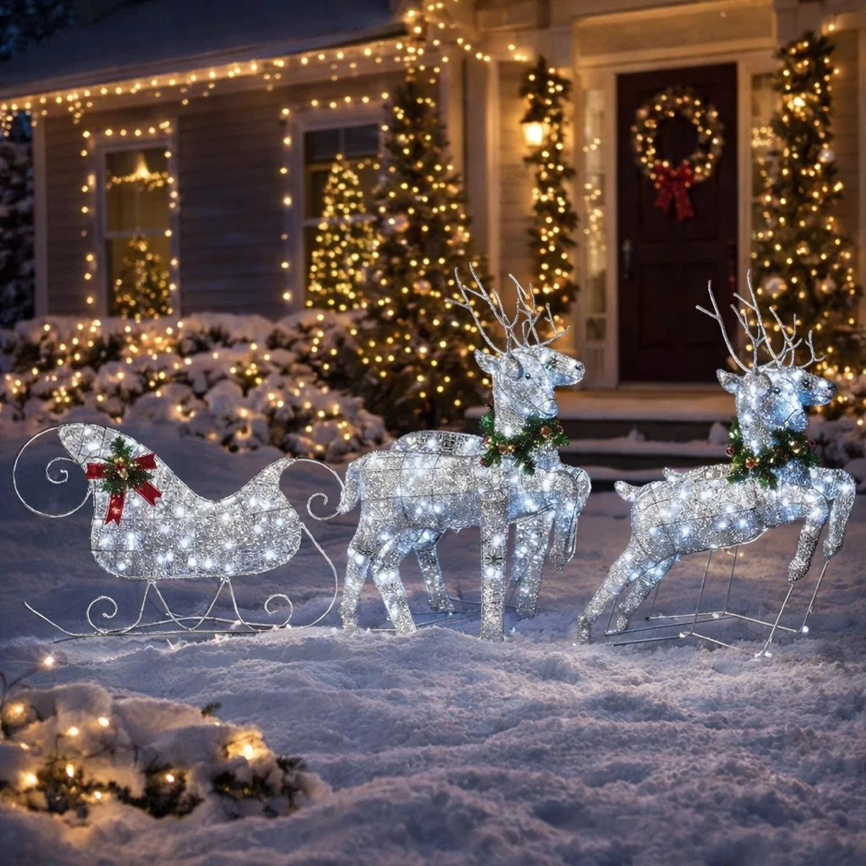 Benzara Outdoor 4 Reindeer n Sleigh Christmas Decoration 100 LEDs Cool White