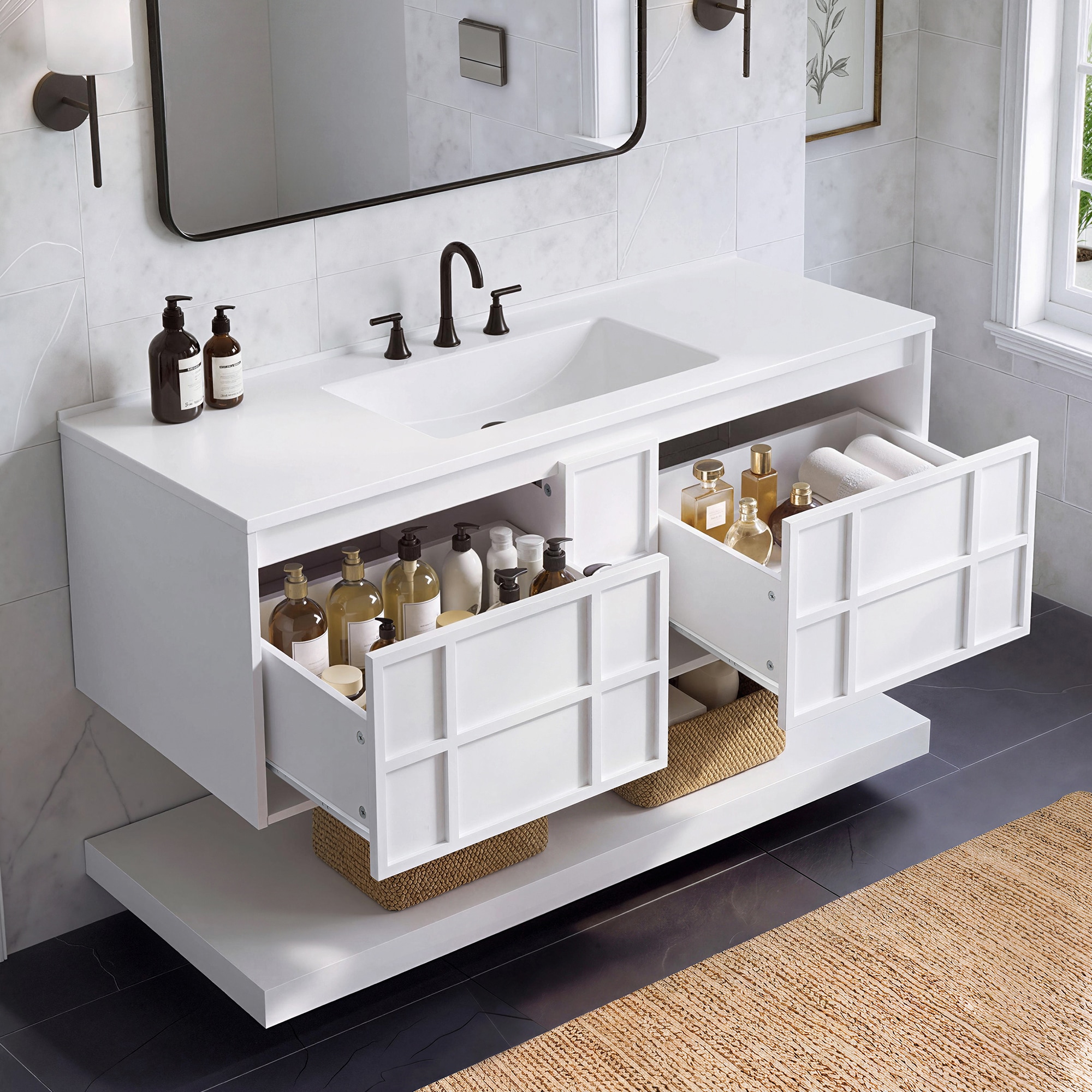 CASAINC Wall Mounted Bathroom Vanity Cabinet with Composite Bathroom Vanity Top 47-in White Undermount Single Sink Bathroom Vanity with White Solid Surface Top