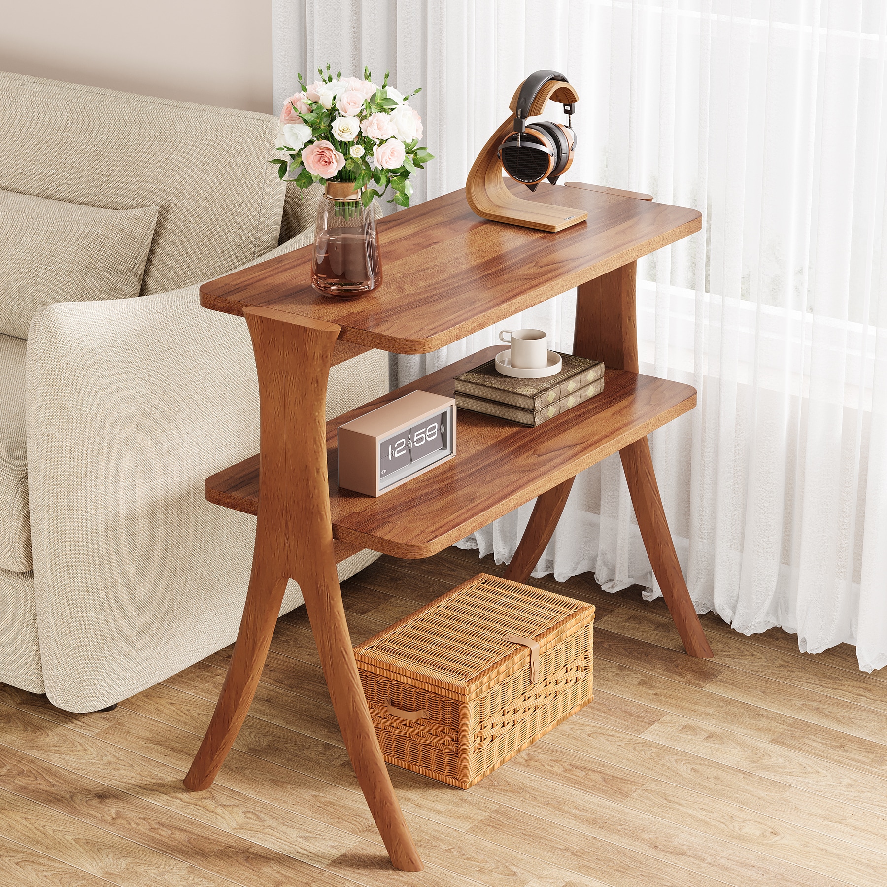 Fnova LWTJ-HL0116 End table 26-in W x 27-in H Brown Wood Rectangular Farmhouse End Table