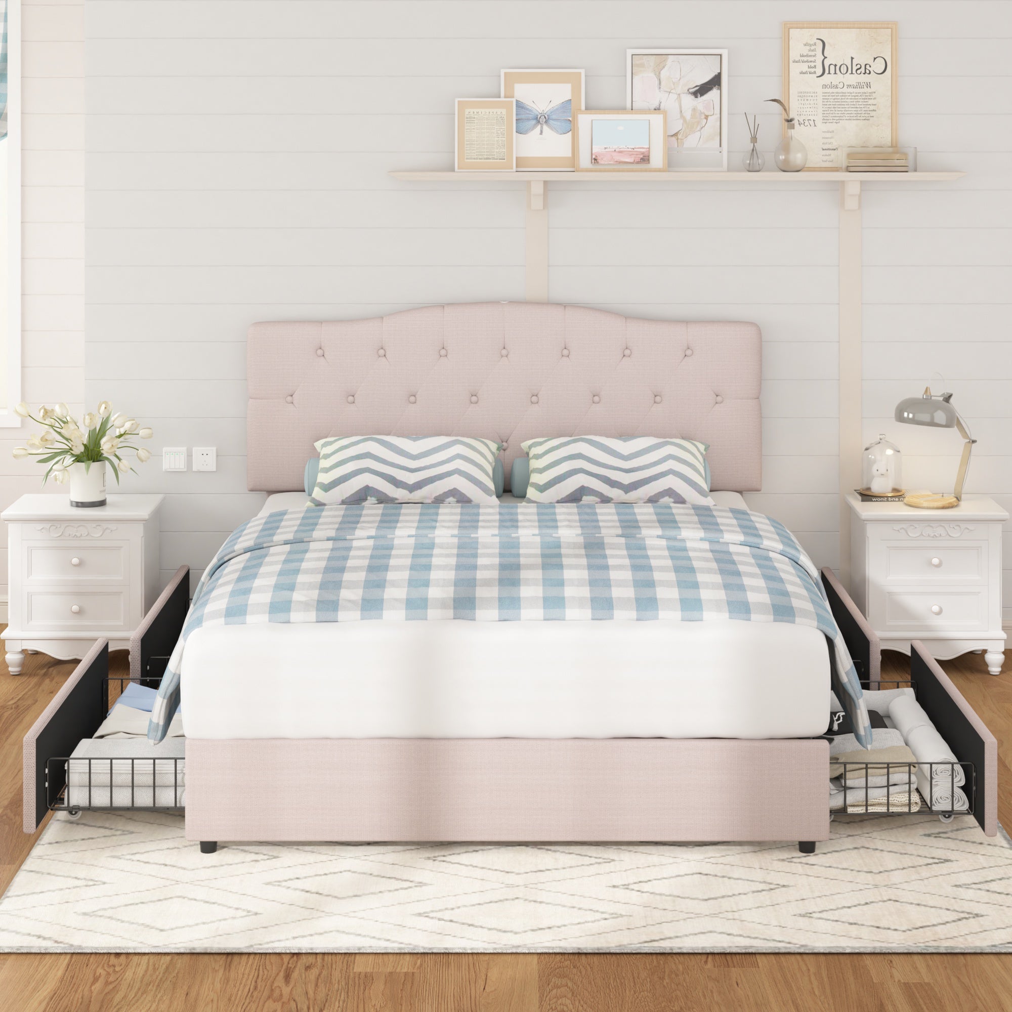 Vecelo LOE-RF04-UP-BGE Full Size Bed Frame with Storage Drawers and Charging Ports Upholstered Platform Bed Frame with Adjustable Headboard Beige