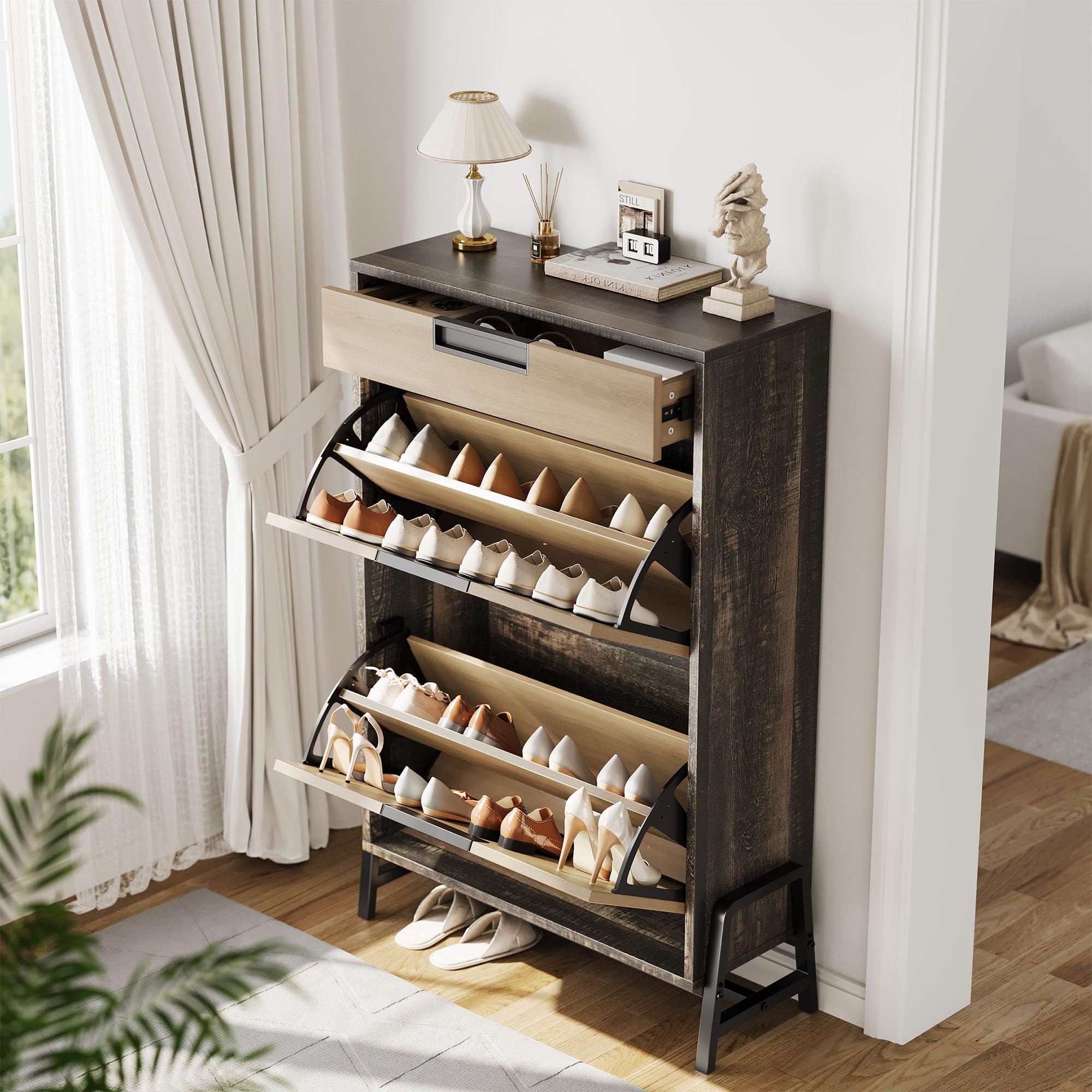 IdealHouse Shoe Storage Cabinet Shoe Shelf Cabinet With 2 Flip Drawers And 1 Top Drawer Freestanding Hidden Shoe Storage Organizer With Adjustable Shelves For Entry Hallway Living Area Foyer