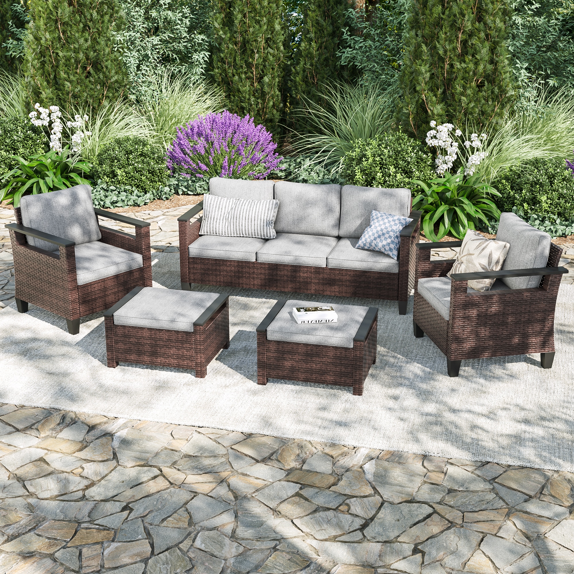 Sonkuki Rattan Furniture 5 -Piece Wicker Patio Conversation Set with Light gray Cushions Included