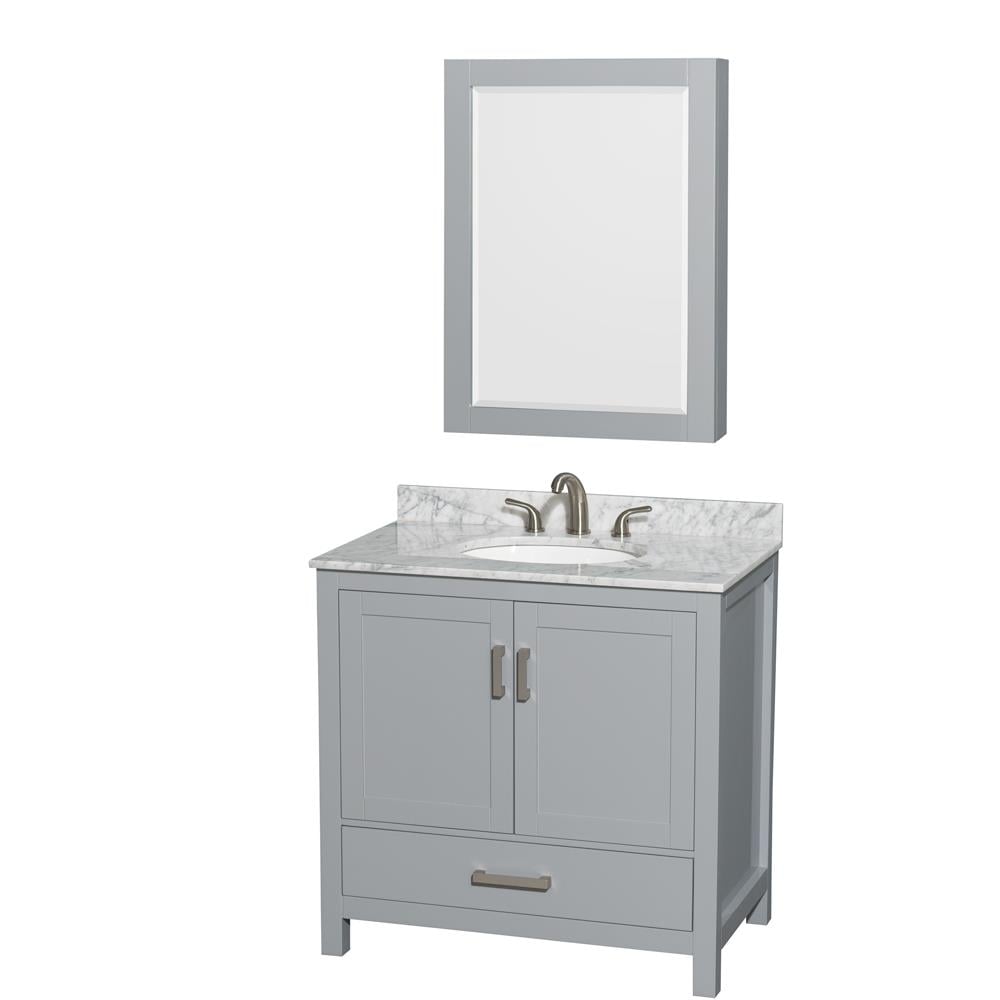 Wyndham Collection WCS141436SGYCMUNOMED Sheffield 36-in Gray with Brushed Chrome Trim Undermount Single sink Bathroom Vanity with White Marble Top (Mirror Included)