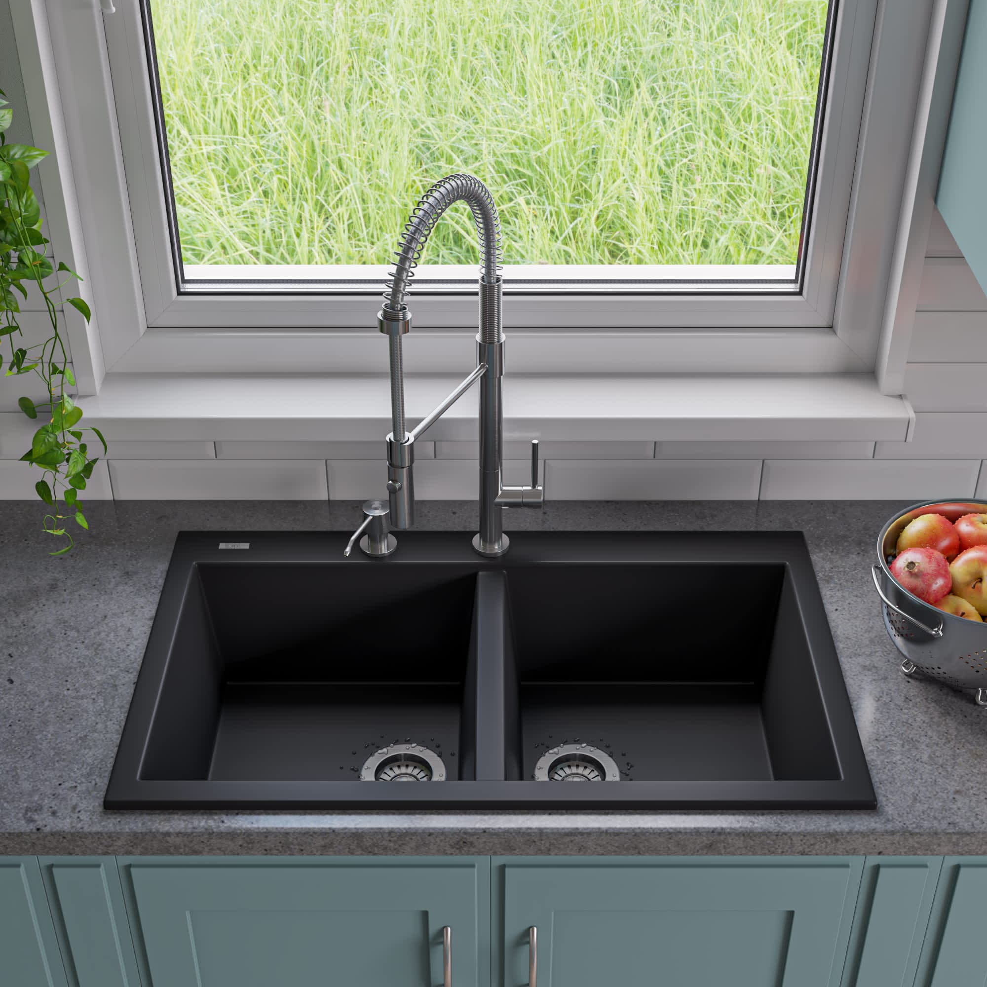 ALFI AB3420DI-BLA Black 34-in Drop-In Double Bowl Granite
