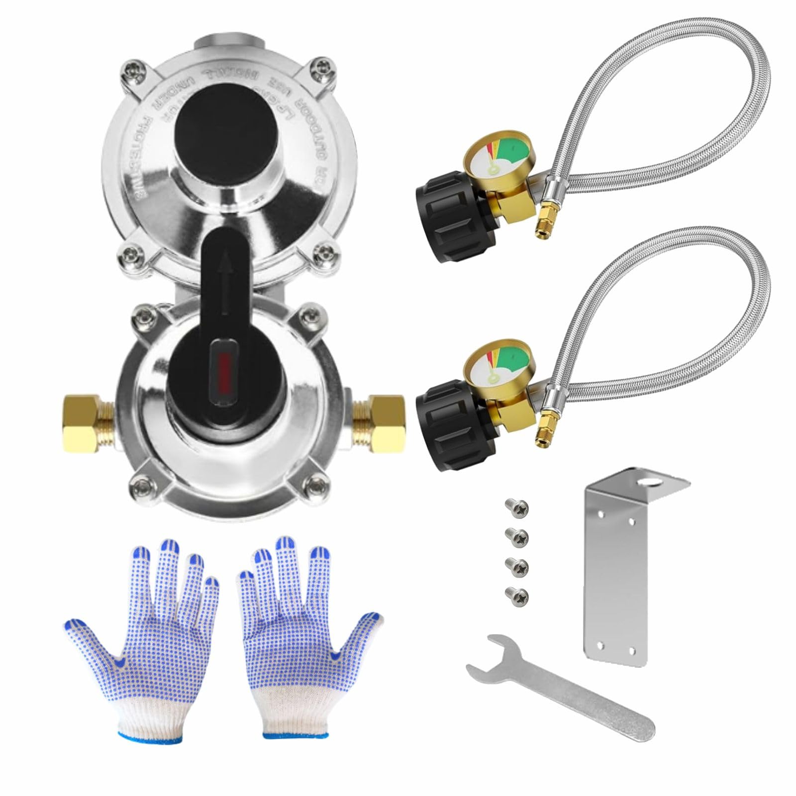 Afoxsos  RV Propane Regulator Dual Kit with Two 18 in Stainless Braided Hoses and Gauge 2 Stage Auto Changeover for Trailer Camper