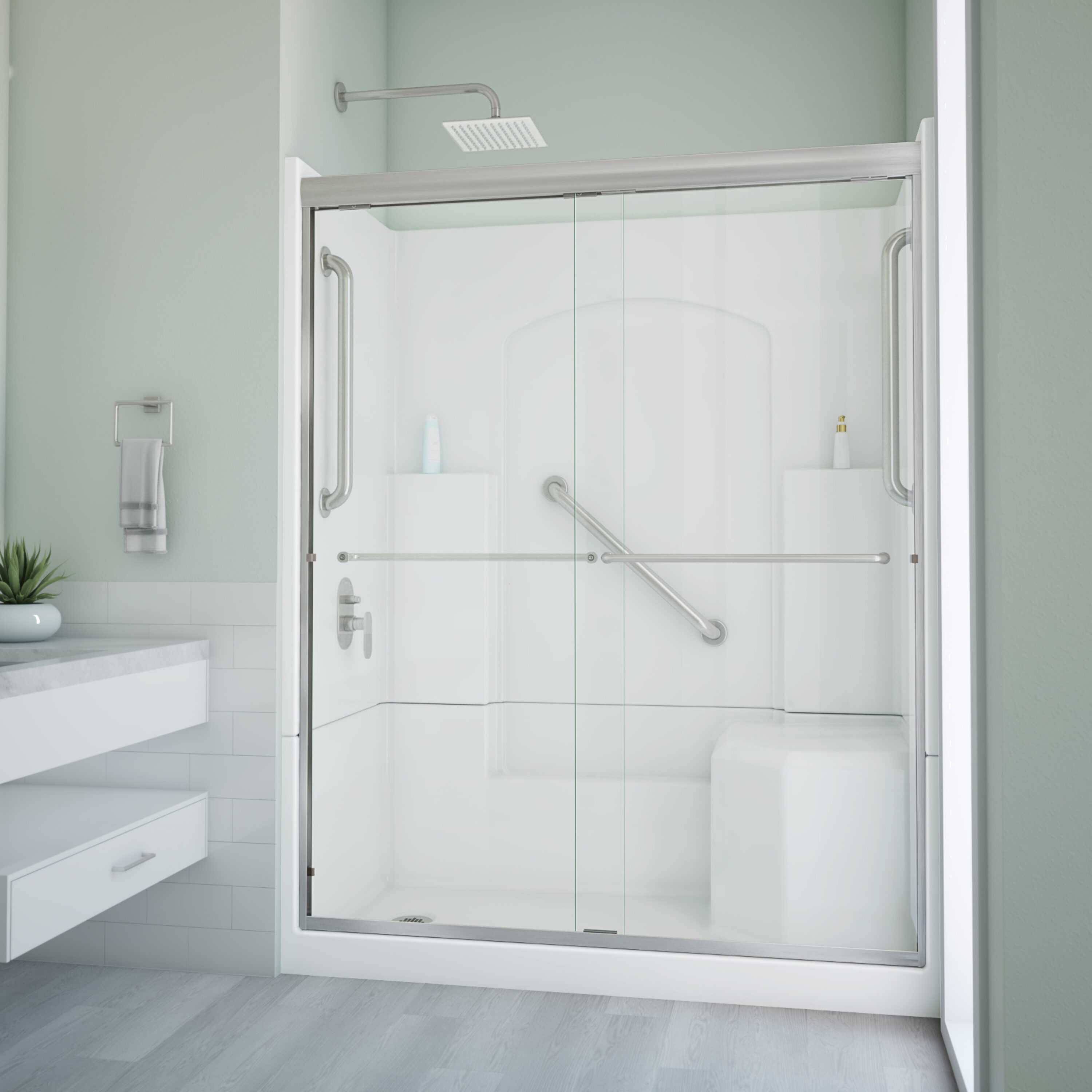 Laurel Mountain L3260SH1S4PRWB1 Ramer 5 -Piece 32-in W x 60-in L x 77-in H Alcove shower kit ( Left Drain) with Integrated Seat Base, Wall, Door and Drain Included Brushed nickel Hardware Included