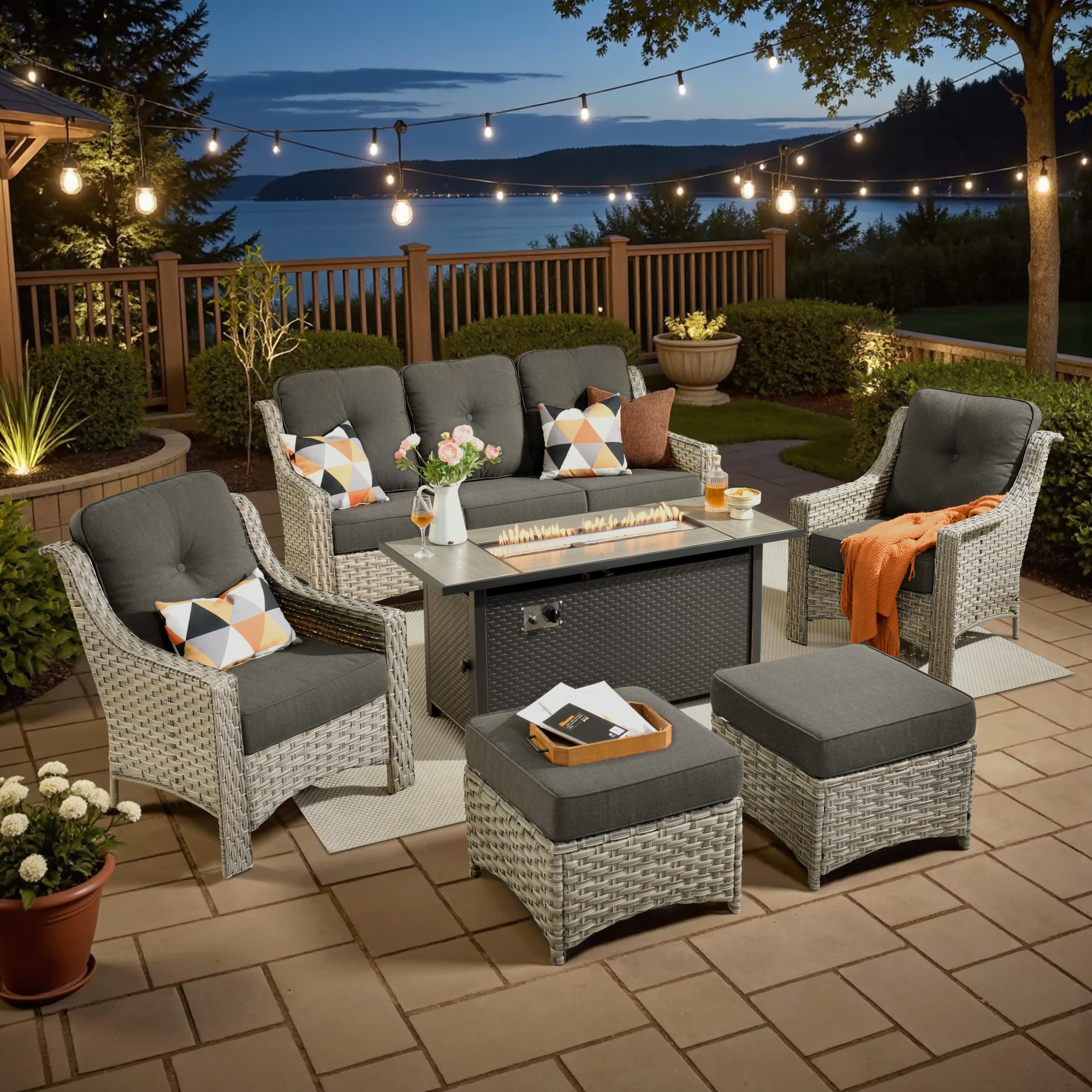 XIZZI XIPAD1054-IFP54 Pyrophyllite 6 -Piece Rattan Patio Sofa Conversation Set with Black Cushions