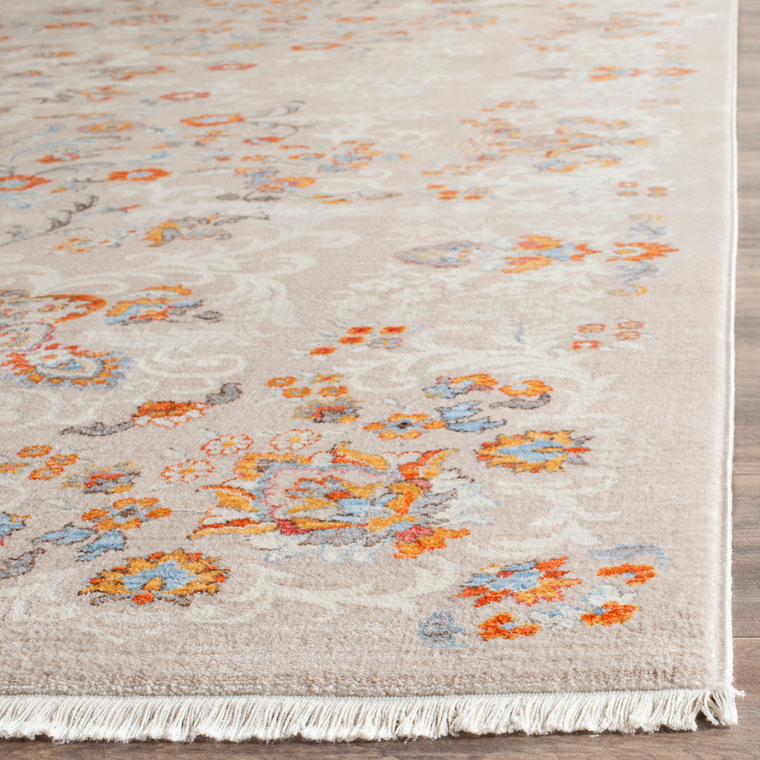 Gray and Beige Floral Motif Synthetic Runner Rug