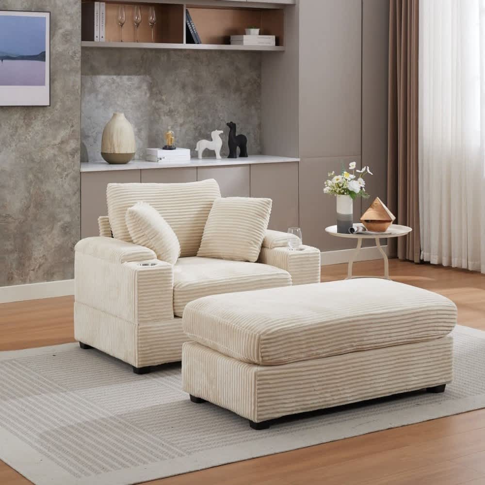 Coolbibila JAYCE-CHAIR-BEIGE Modern Beige Corduroy Chaise Lounge Sofa with Storage Armrest Cupholder and Ottoman for Living Room